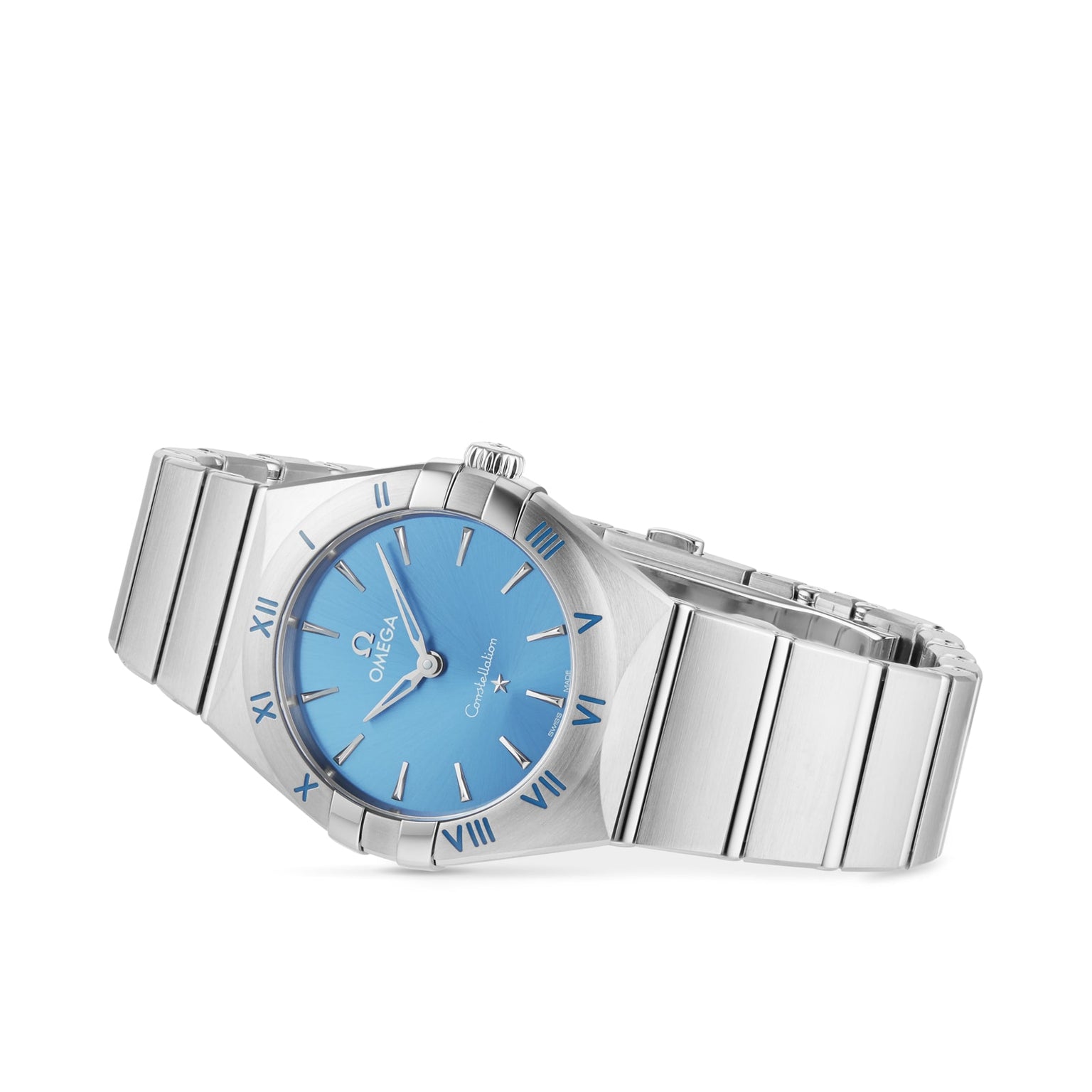 The OMEGA Constellation is a stainless steel wristwatch featuring a celestial blue dial, Roman numerals on the bezel, and a link bracelet, displayed at an angle.