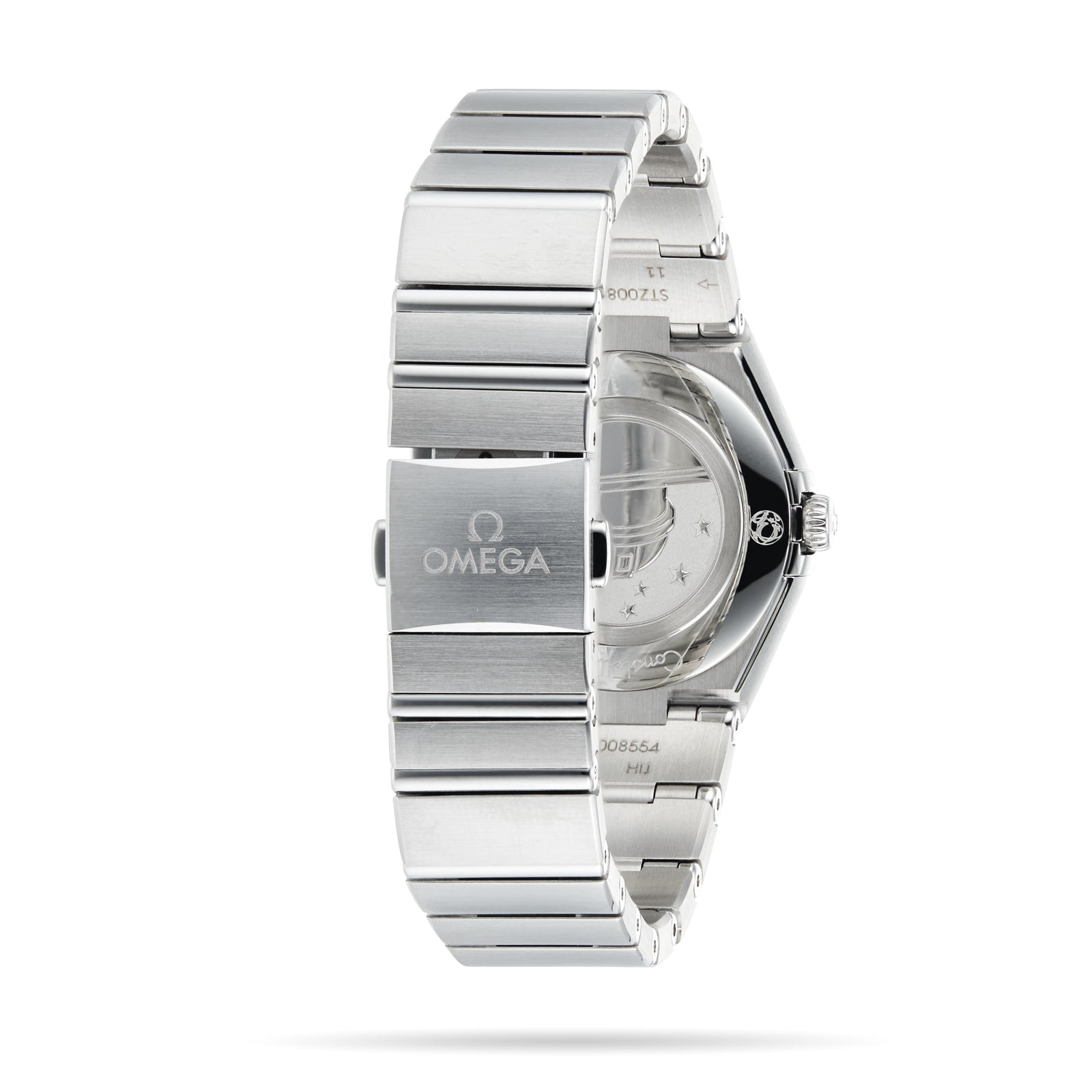 A silver OMEGA Constellation wristwatch is displayed from the back, highlighting its stainless steel bracelet and clasp engraved with the OMEGA logo—a nod to the timeless elegance of this iconic timepiece.