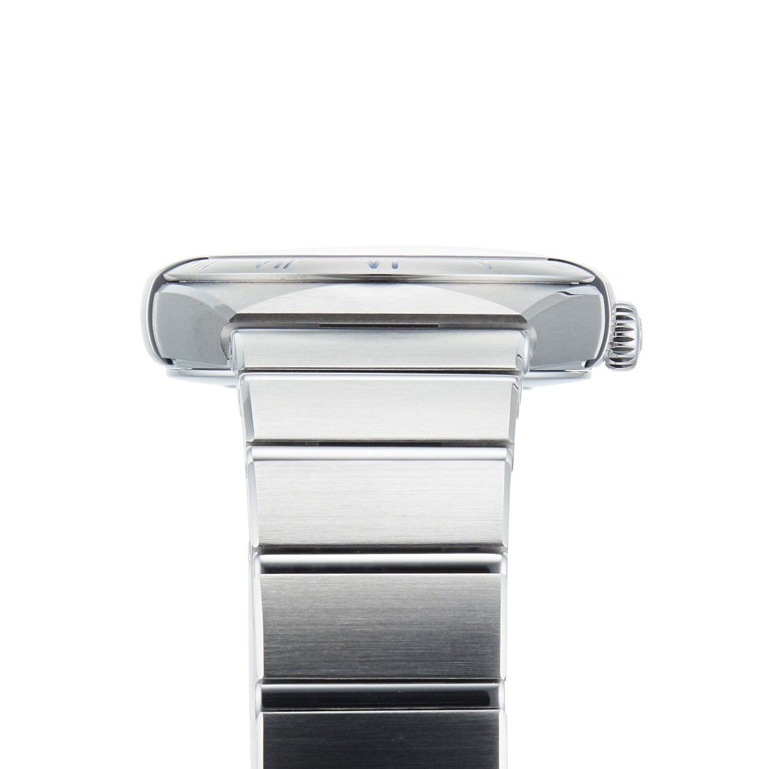 Side view of the OMEGA Constellation, featuring a stainless steel case, metal link band, and a crown on the right side.