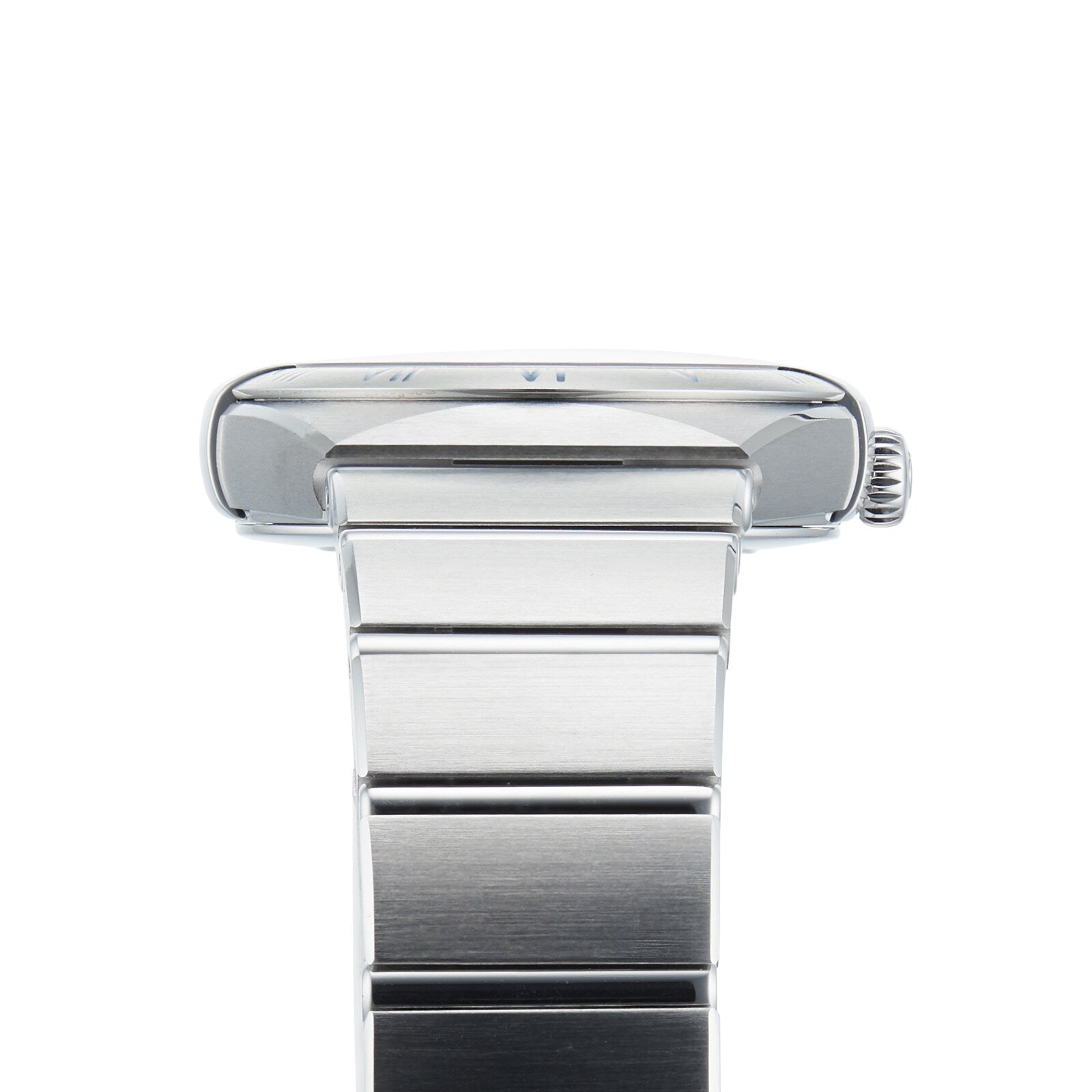Side view of the OMEGA Constellation, featuring a stainless steel case, metal link band, and a crown on the right side.