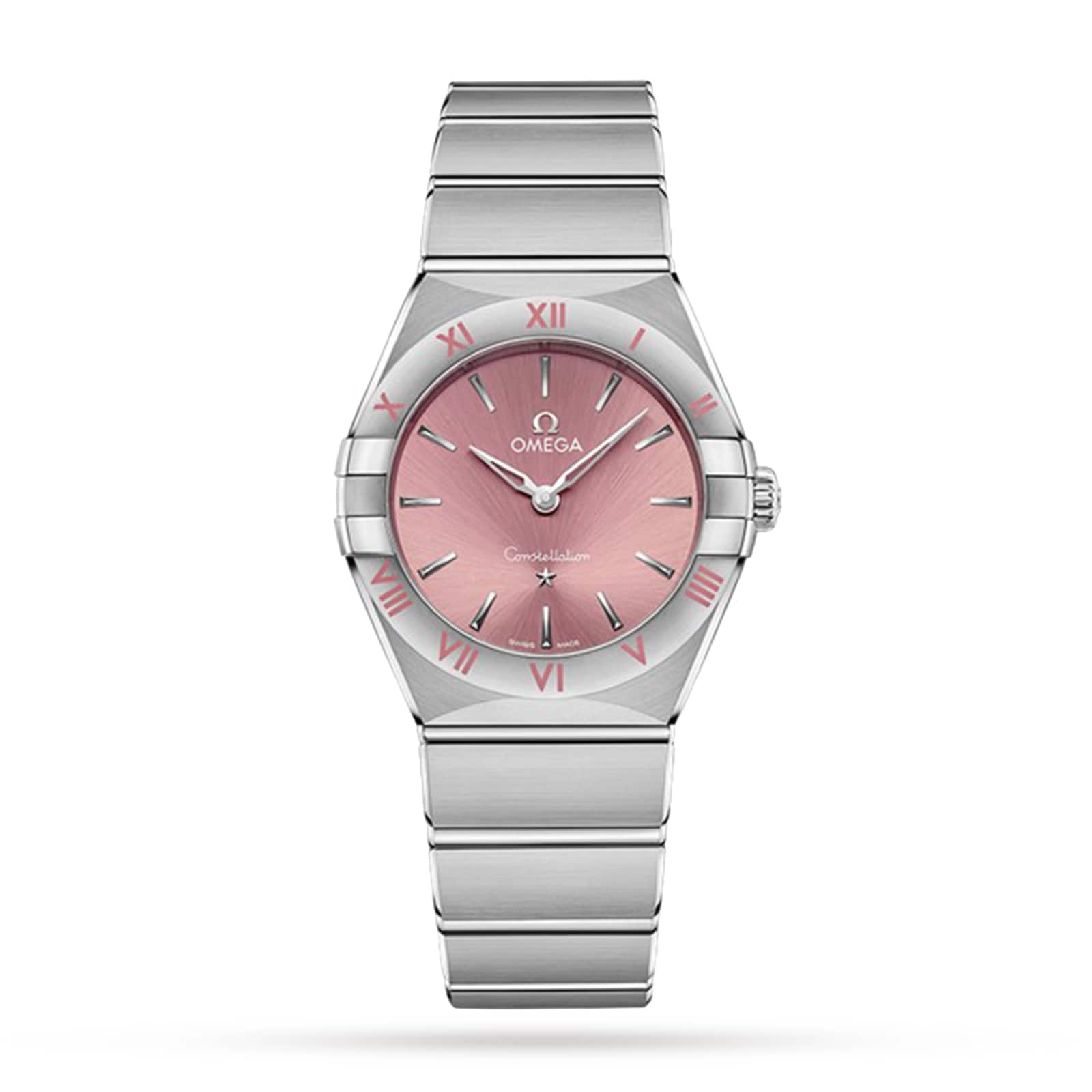 A stainless steel OMEGA Constellation wristwatch with a blush rose dial, Roman numerals, and a stainless steel bracelet; the watch face features the OMEGA logo and Constellation branding.