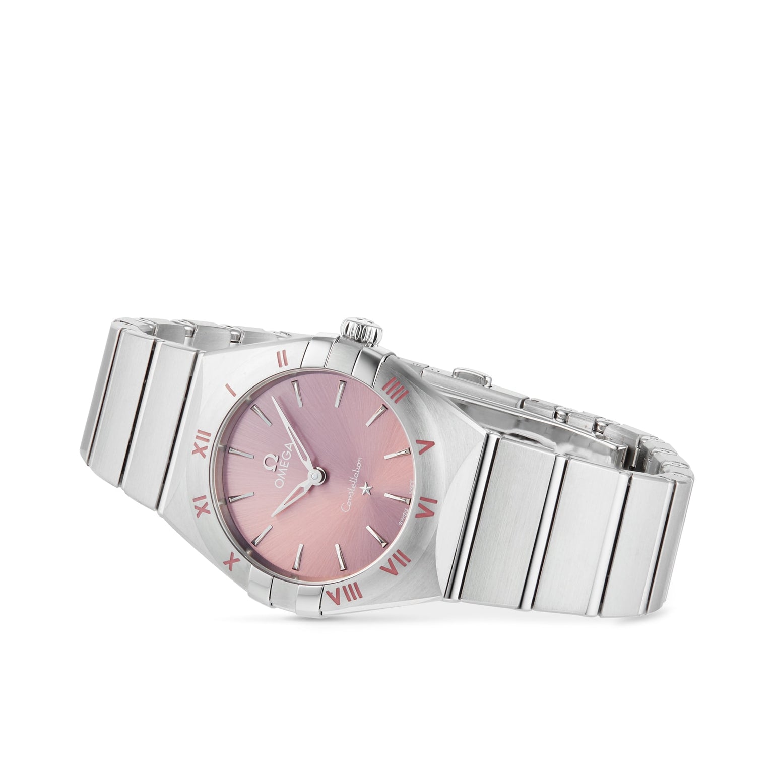 The OMEGA Constellation features a blush rose dial with Roman numeral hour markers and a stainless steel bracelet, all showcased against a white background.