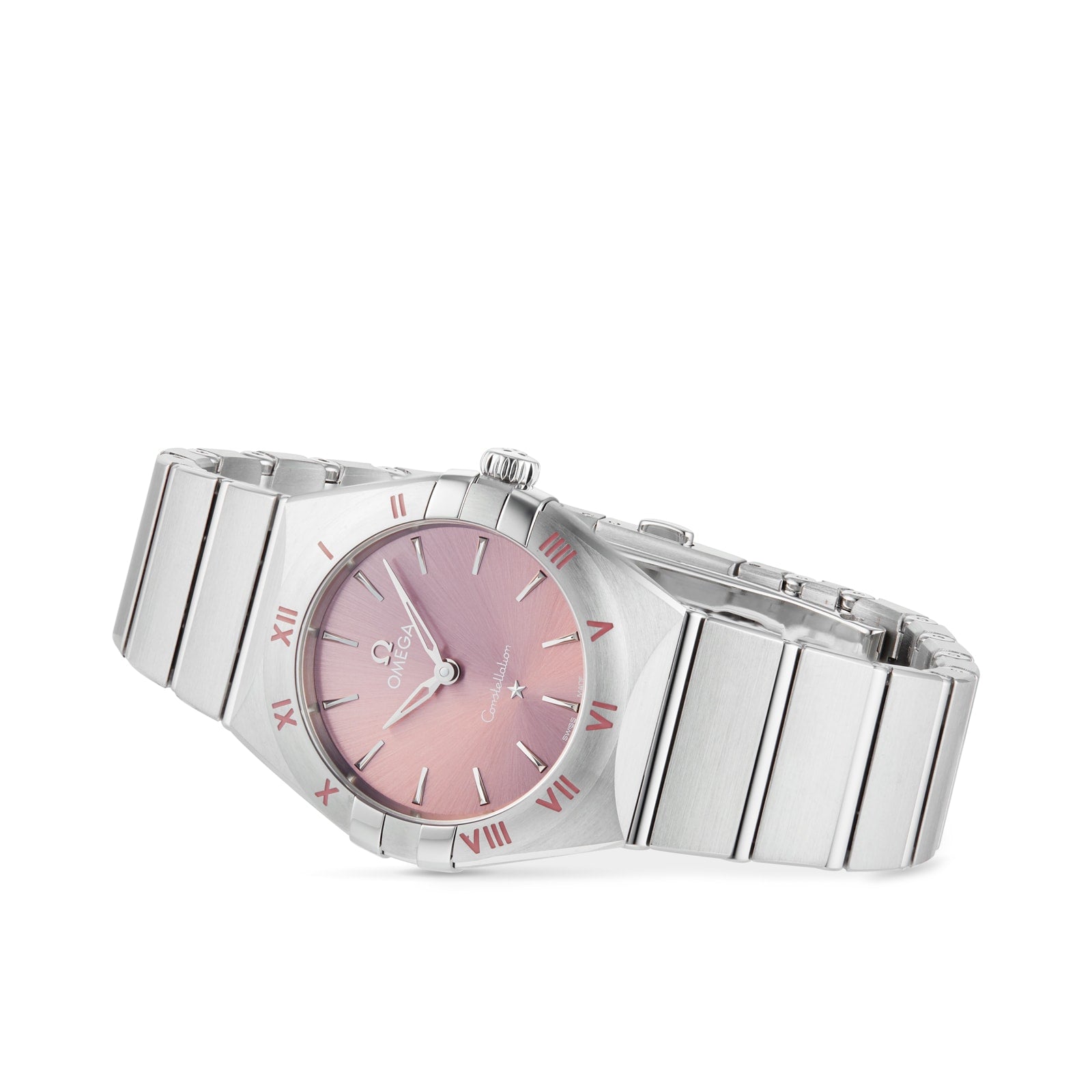 The OMEGA Constellation features a blush rose dial with Roman numeral hour markers and a stainless steel bracelet, all showcased against a white background.