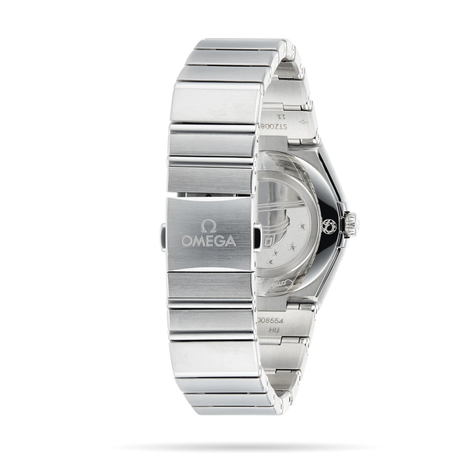 The OMEGA Constellation, shown from the back, displays its iconic clasp with the OMEGA logo and part of the case back—a timeless stainless steel watch with a sleek bracelet.