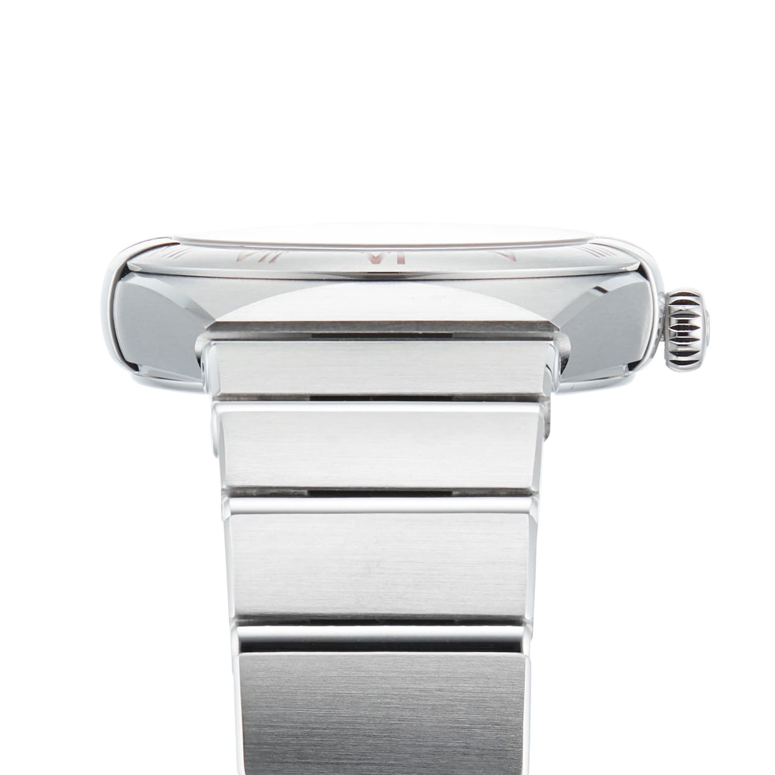 Side view of the OMEGA Constellation, a silver wristwatch with a rectangular face, visible crown, and brushed stainless steel bracelet that reflects refined elegance.