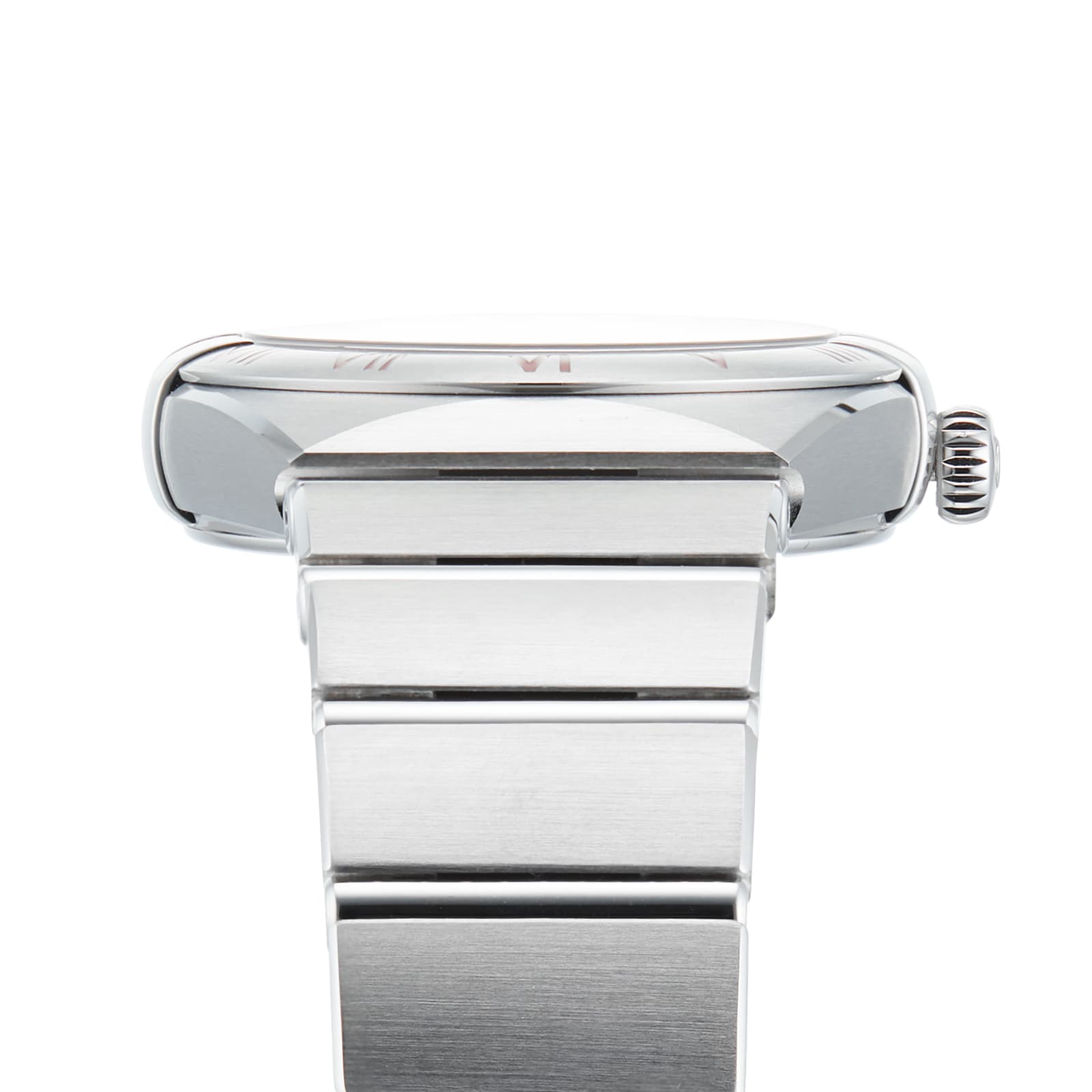 Side view of the OMEGA Constellation, a silver wristwatch with a rectangular face, visible crown, and brushed stainless steel bracelet that reflects refined elegance.