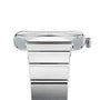 Side view of the OMEGA Constellation, a silver wristwatch with a rectangular face, visible crown, and brushed stainless steel bracelet that reflects refined elegance.