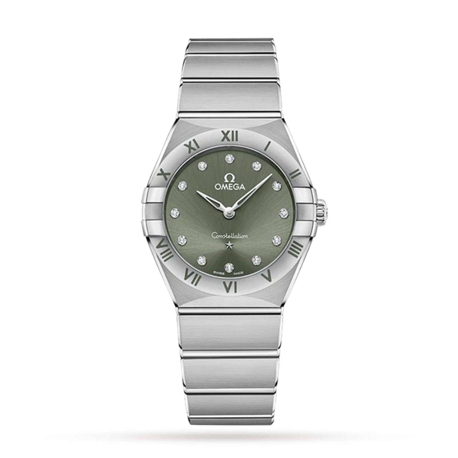 An OMEGA Constellation wristwatch with a silver-tone case, matcha green dial, diamond hour markers, Roman numerals on the bezel, and a metal link bracelet is displayed on a white background.