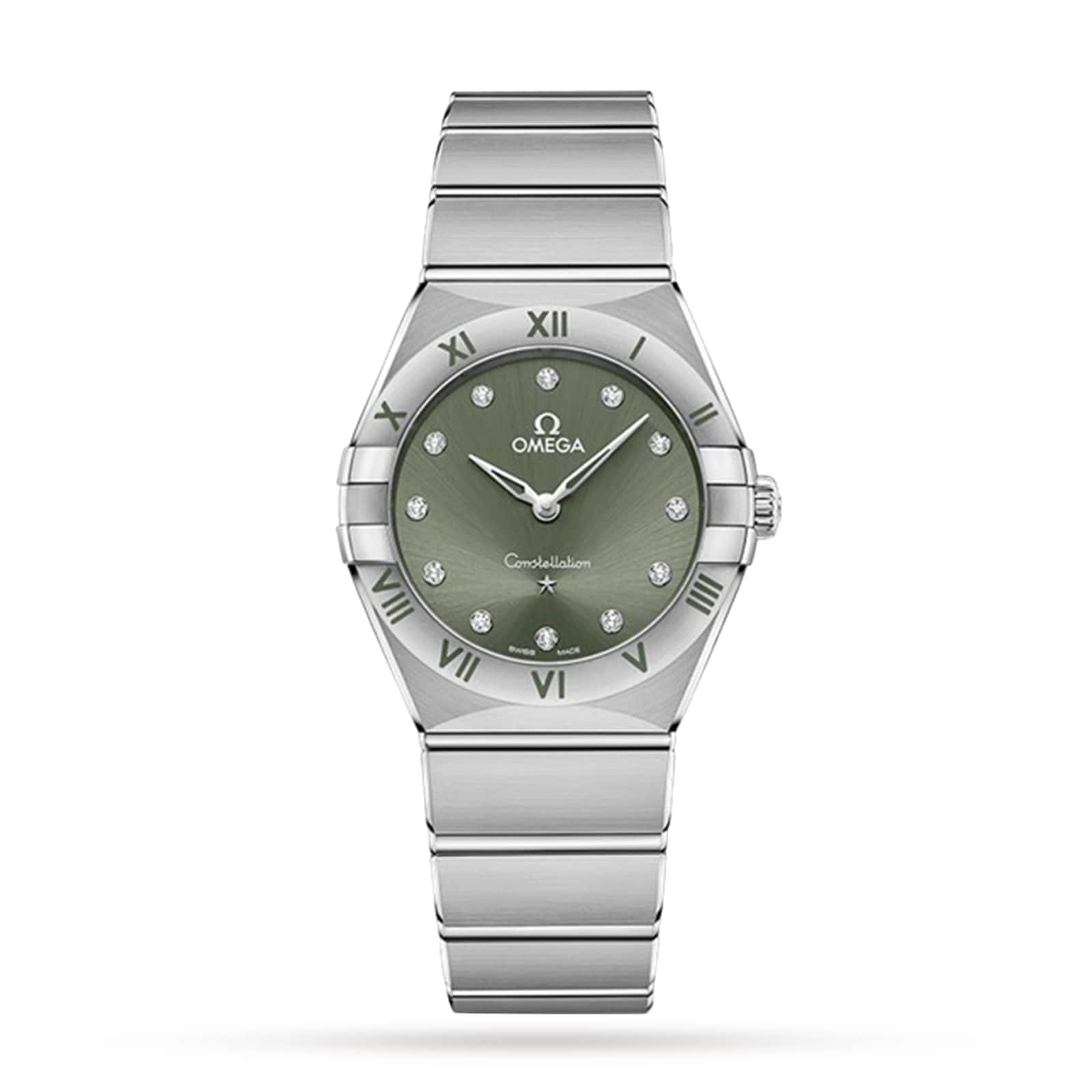 An OMEGA Constellation wristwatch with a silver-tone case, matcha green dial, diamond hour markers, Roman numerals on the bezel, and a metal link bracelet is displayed on a white background.