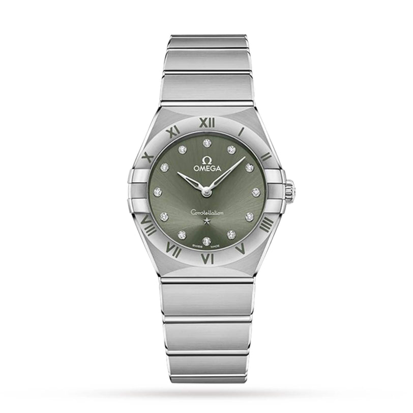 An OMEGA Constellation wristwatch with a silver-tone case, matcha green dial, diamond hour markers, Roman numerals on the bezel, and a metal link bracelet is displayed on a white background.