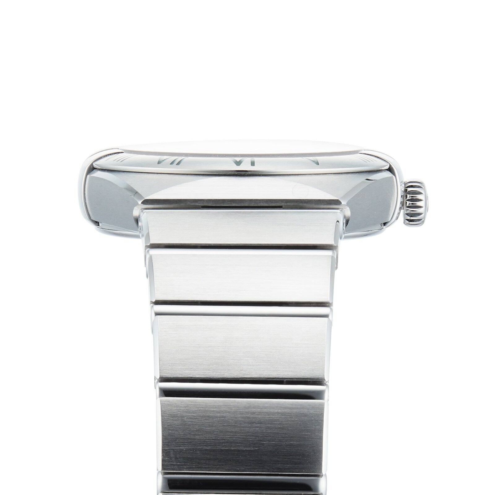 Side view of the OMEGA Constellation wristwatch featuring a stainless steel case, metal bracelet, and a round crown on the right side.
