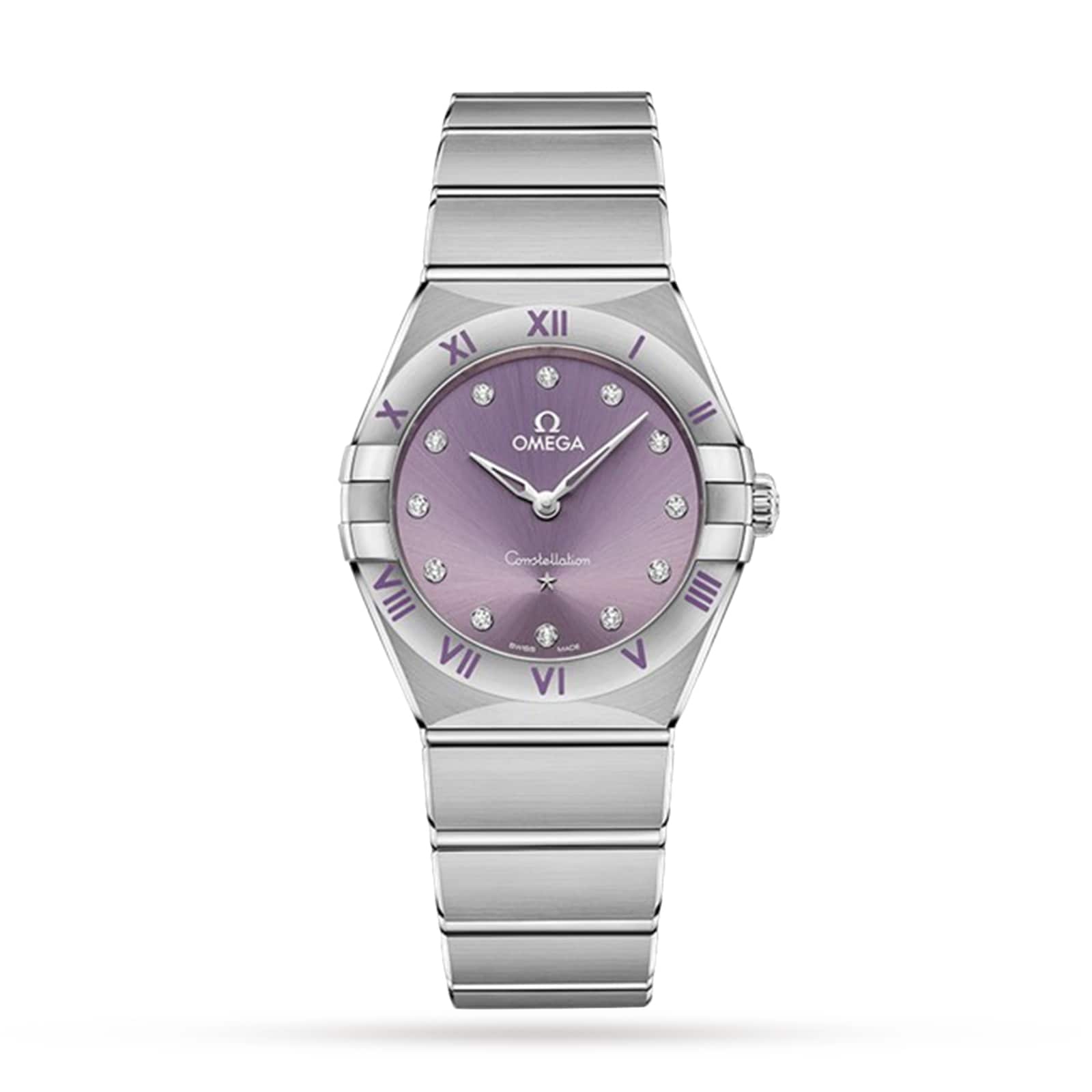 The OMEGA Constellation, a stainless steel watch with a Patchouli Blossom purple dial, diamond hour markers, Roman numerals, and a matching bracelet, is displayed on a white background.