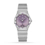 The OMEGA Constellation, a stainless steel watch with a Patchouli Blossom purple dial, diamond hour markers, Roman numerals, and a matching bracelet, is displayed on a white background.