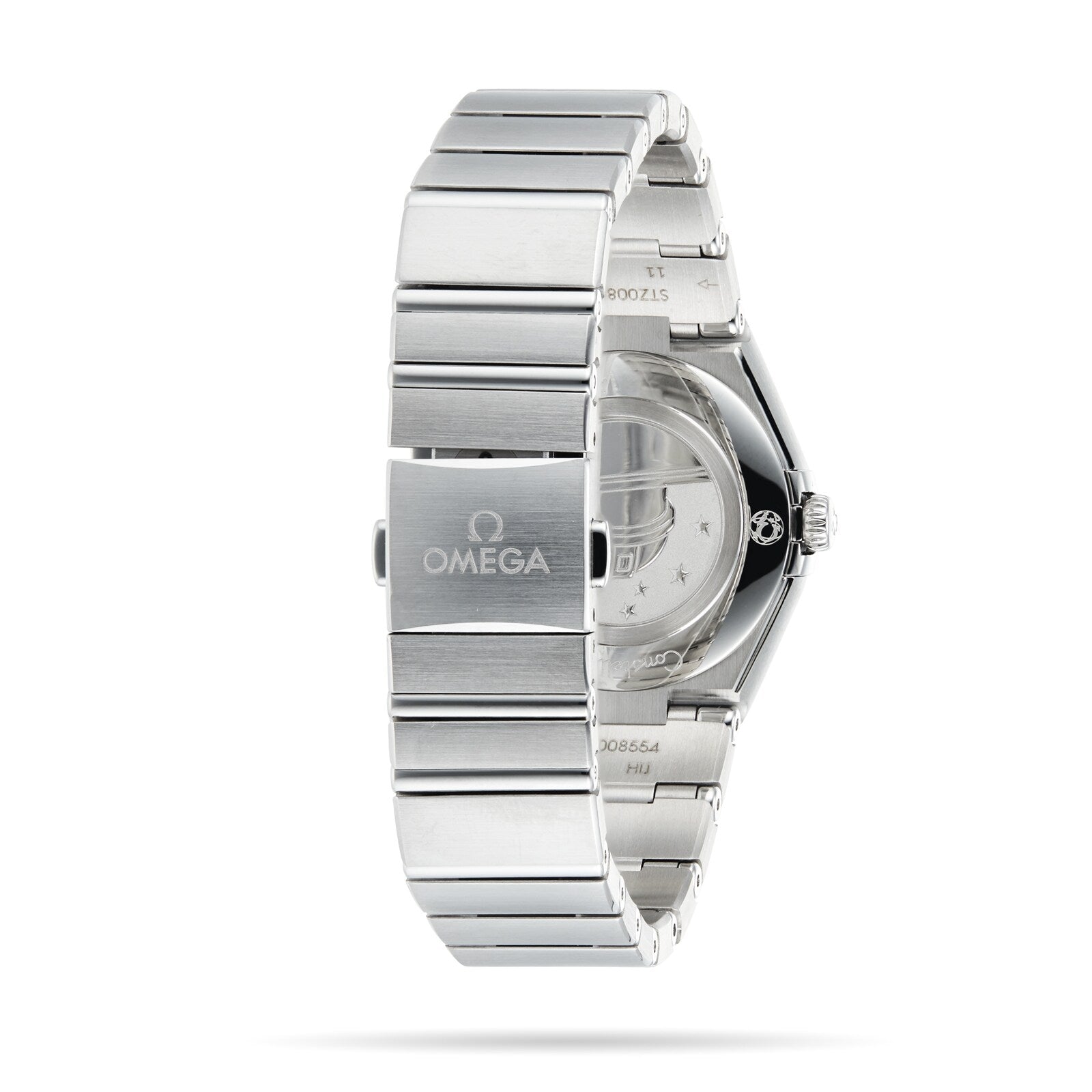A back view displays the OMEGA Constellation, featuring a stainless steel bracelet and clasp adorned with the brands logo—an iconic detail of OMEGA craftsmanship.