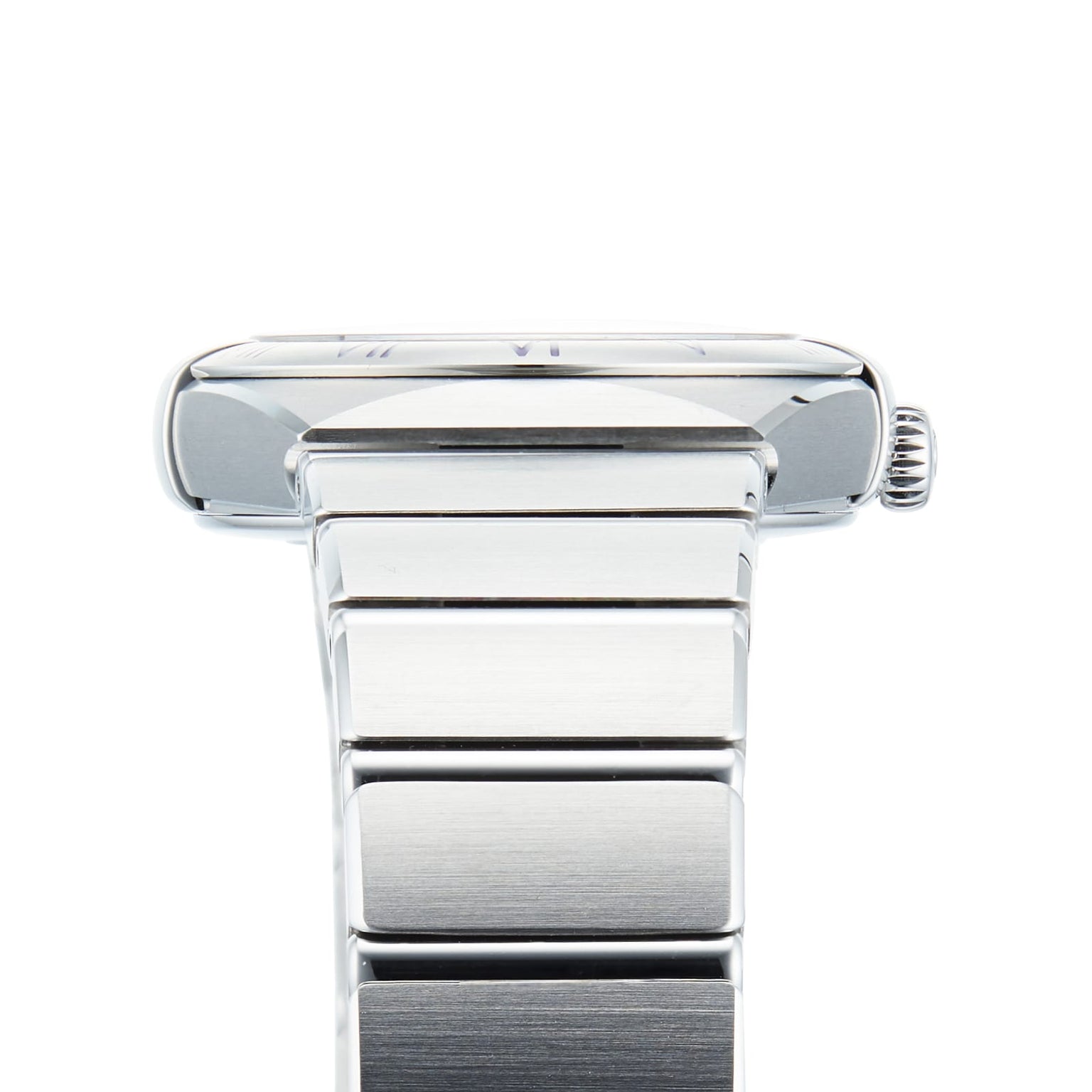 Close-up side view of the OMEGA Constellation, featuring a silver stainless steel case, metal link band, and visible crown, photographed against a white background.