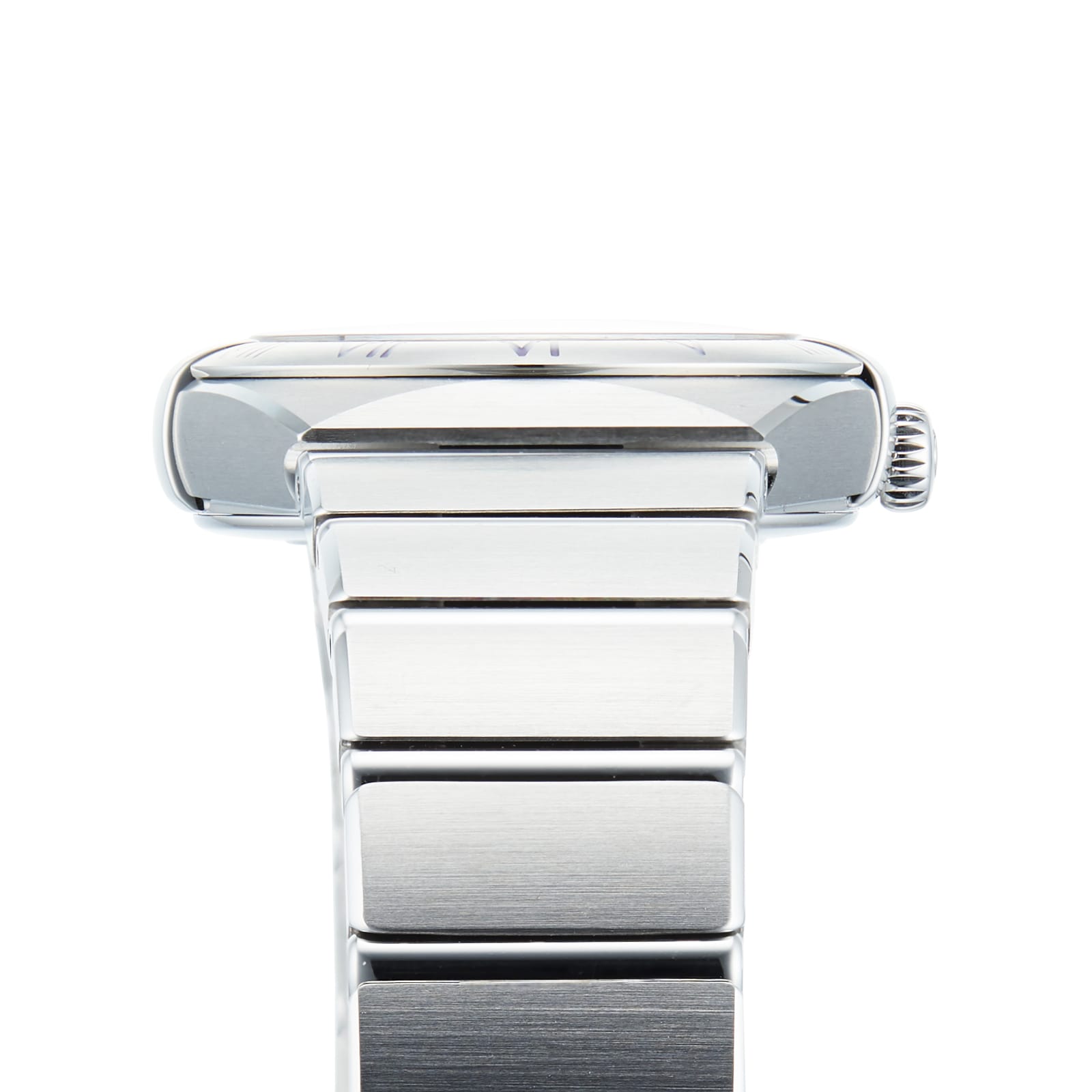 Close-up side view of the OMEGA Constellation, featuring a silver stainless steel case, metal link band, and visible crown, photographed against a white background.