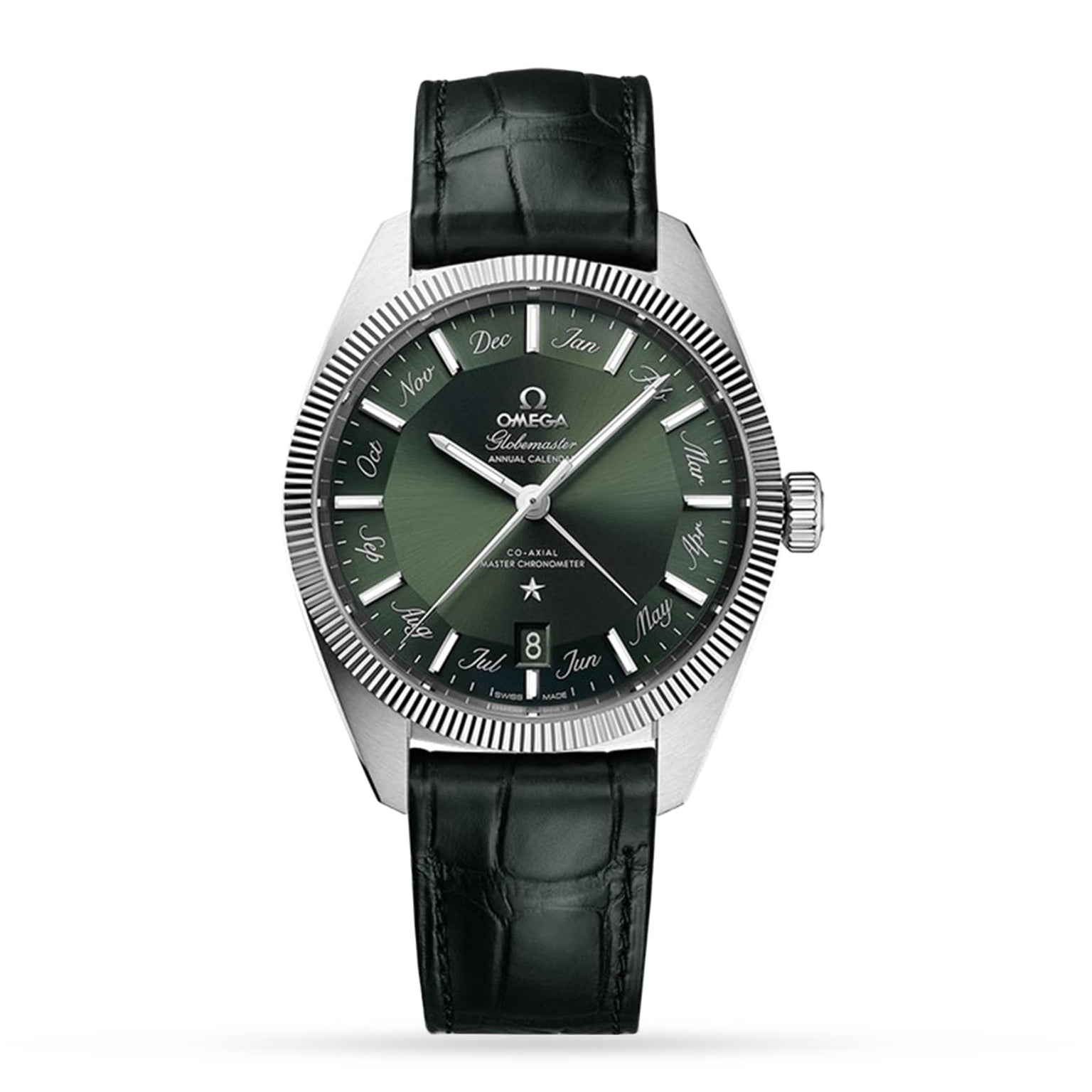An OMEGA Constellation Globemaster wristwatch featuring a green textured dial, annual calendar month markers, date window at 6 o’clock, and a dark green leather strap.