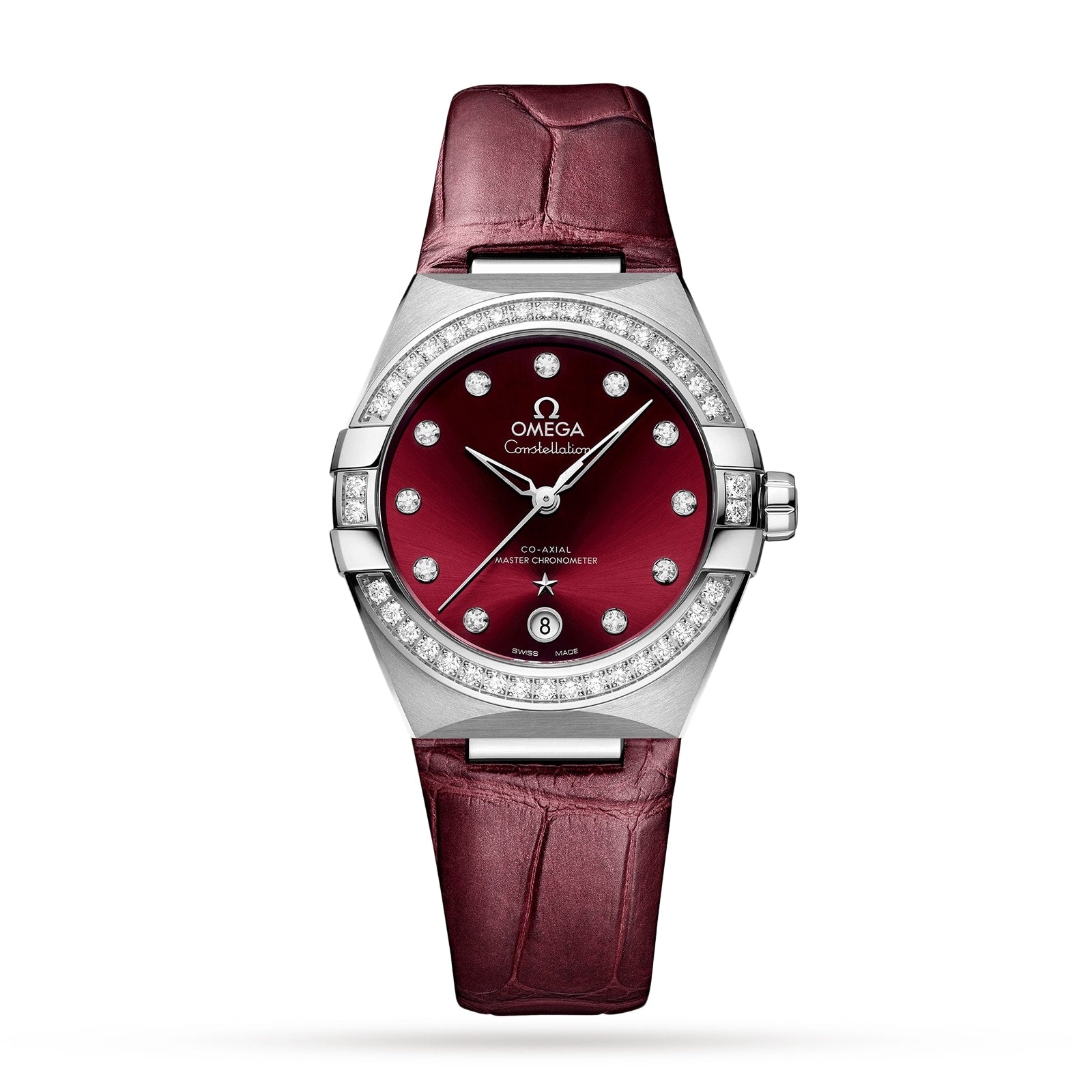 The OMEGA Constellation is a luxury wristwatch with a burgundy leather strap, stainless steel case, diamond hour markers, a burgundy dial with the OMEGA logo and Constellation branding, powered by the Master Chronometer 8800 calibre movement.