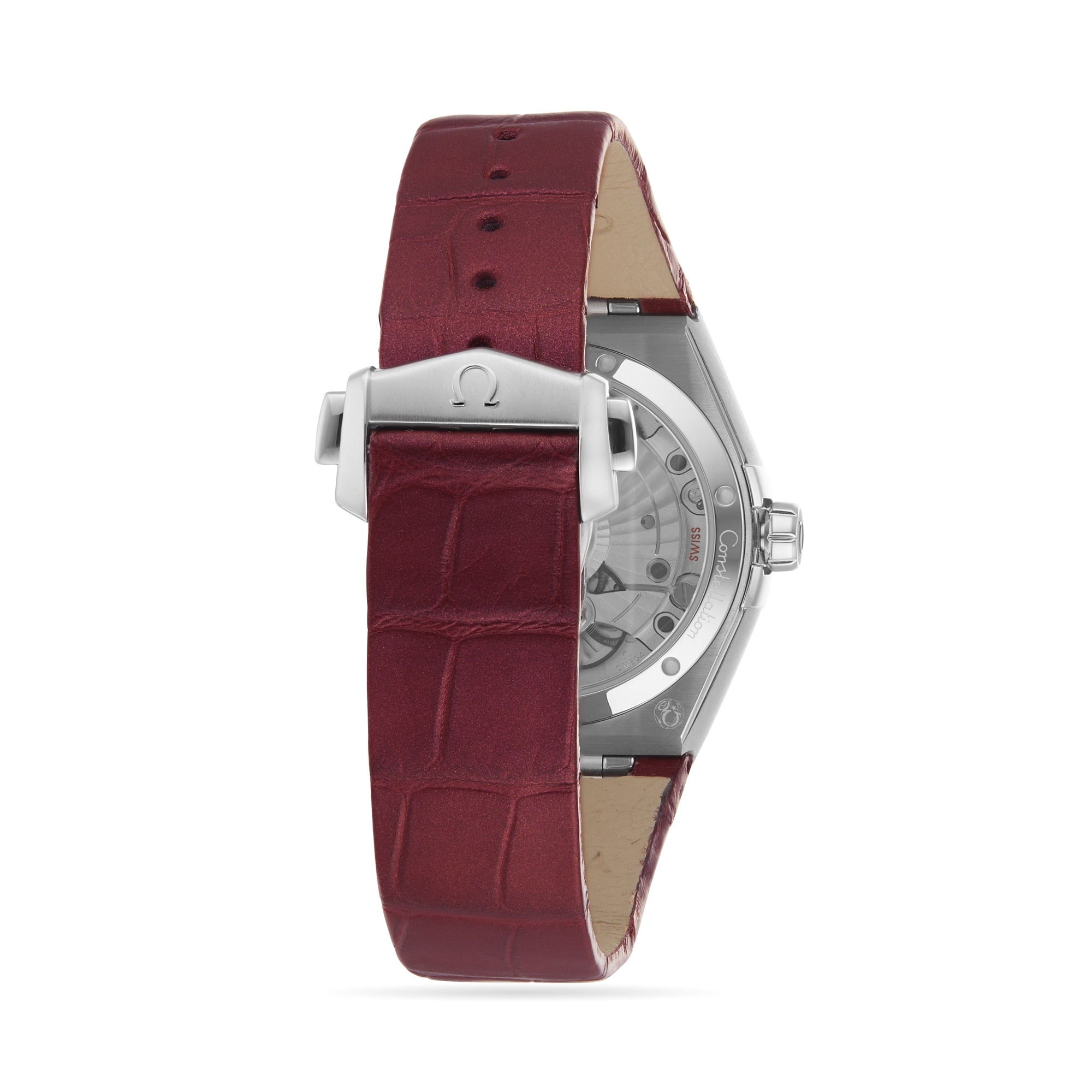 The OMEGA Constellation wristwatch features a burgundy leather strap and stainless steel clasp, shown from the back to reveal its transparent case and Master Chronometer certified 8800 calibre movement.
