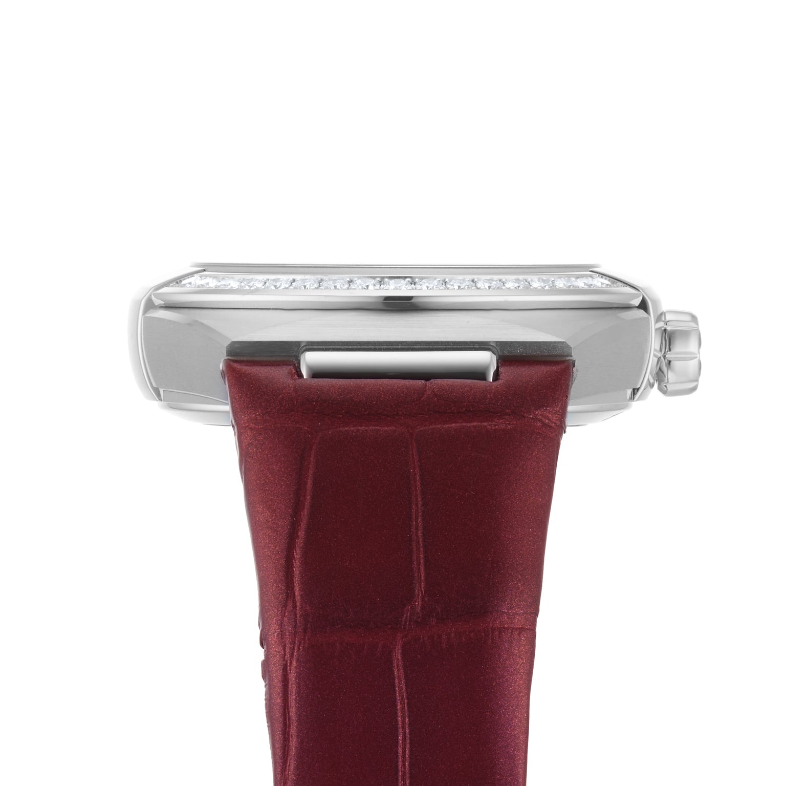 Side view of the OMEGA Constellation showcases its silver case with crown, diamond accents, and a textured burgundy leather strap, reflecting its heritage and powered by the precise 8800 calibre movement.