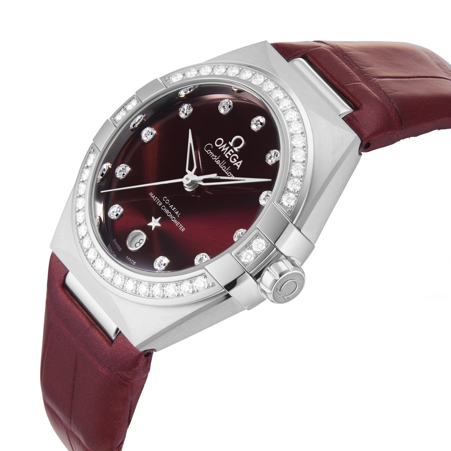 The OMEGA Constellation is a luxury wristwatch with a burgundy dial, diamond hour markers, diamond-set silver bezel, and burgundy leather strap, powered by the 8800 calibre movement and inspired by classic Constellation heritage.