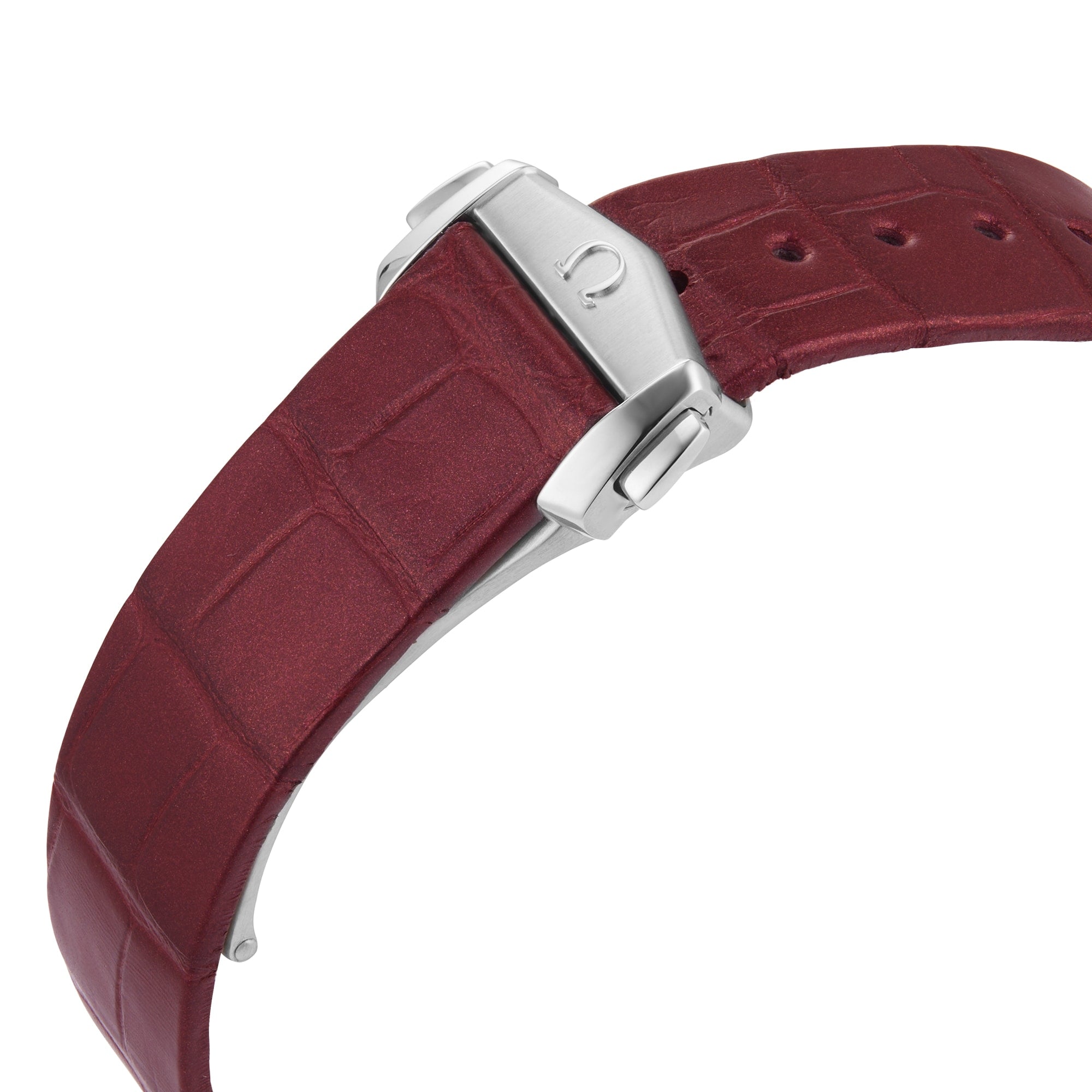 A close-up of the OMEGA Constellations maroon leather strap with a silver deployment clasp highlights its textured pattern and adjustable holes.