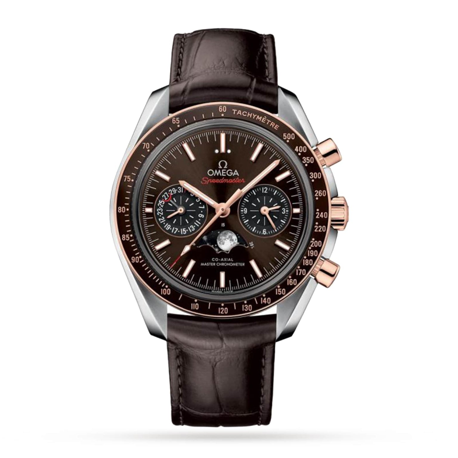 The OMEGA Speedmaster Moonwatch Co-Axial Chronograph features a 42.5 mm stainless steel and 18K Sedna™ gold case, brown leather strap, black dial with moonphase display, gold accents, and multiple subdials against a white background.