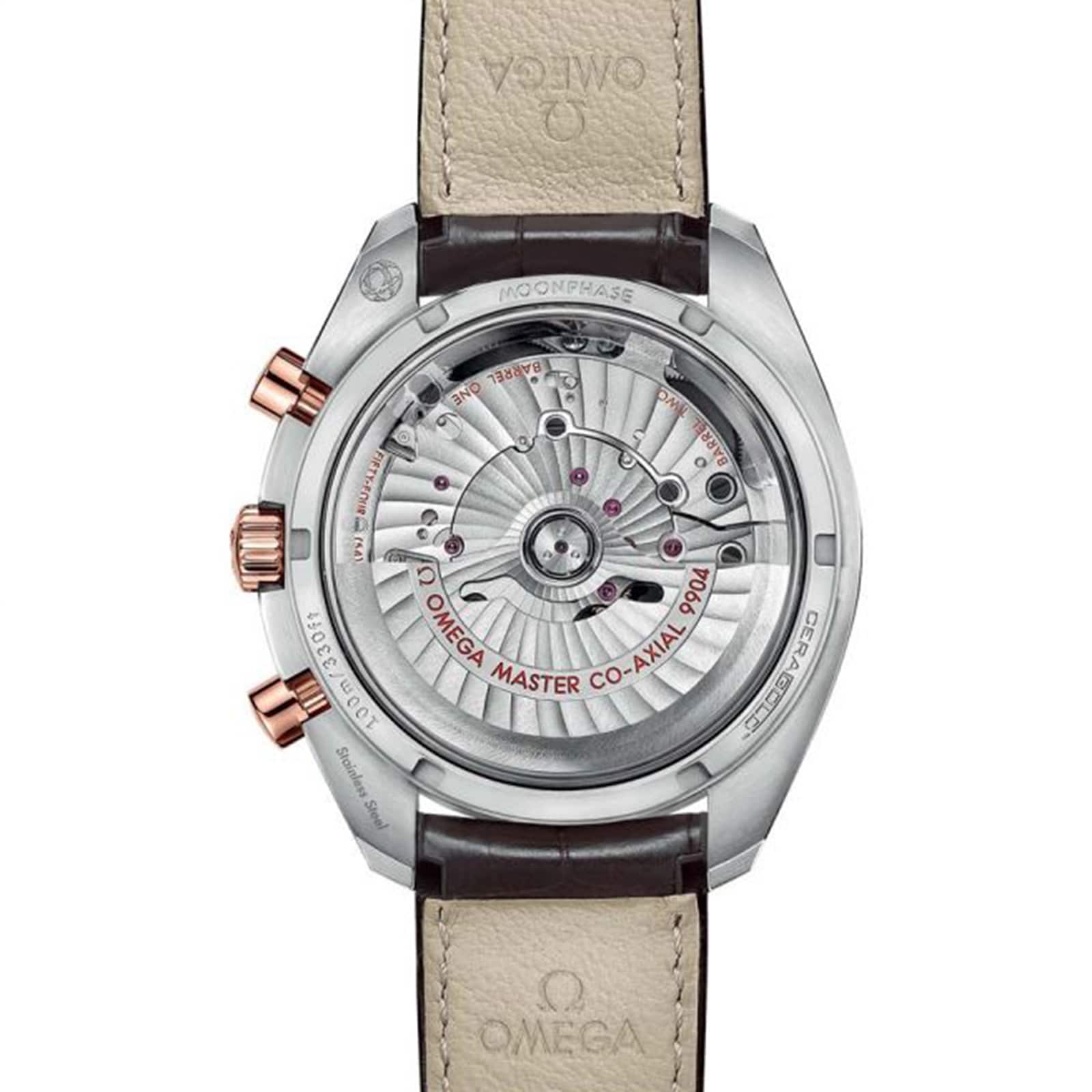 Back view of the OMEGA Speedmaster Moonwatch Co-Axial Chronograph, featuring a 42.5 mm stainless steel and 18K Sedna™ gold case, exposed movement with visible gears, and finished with a brown leather strap.