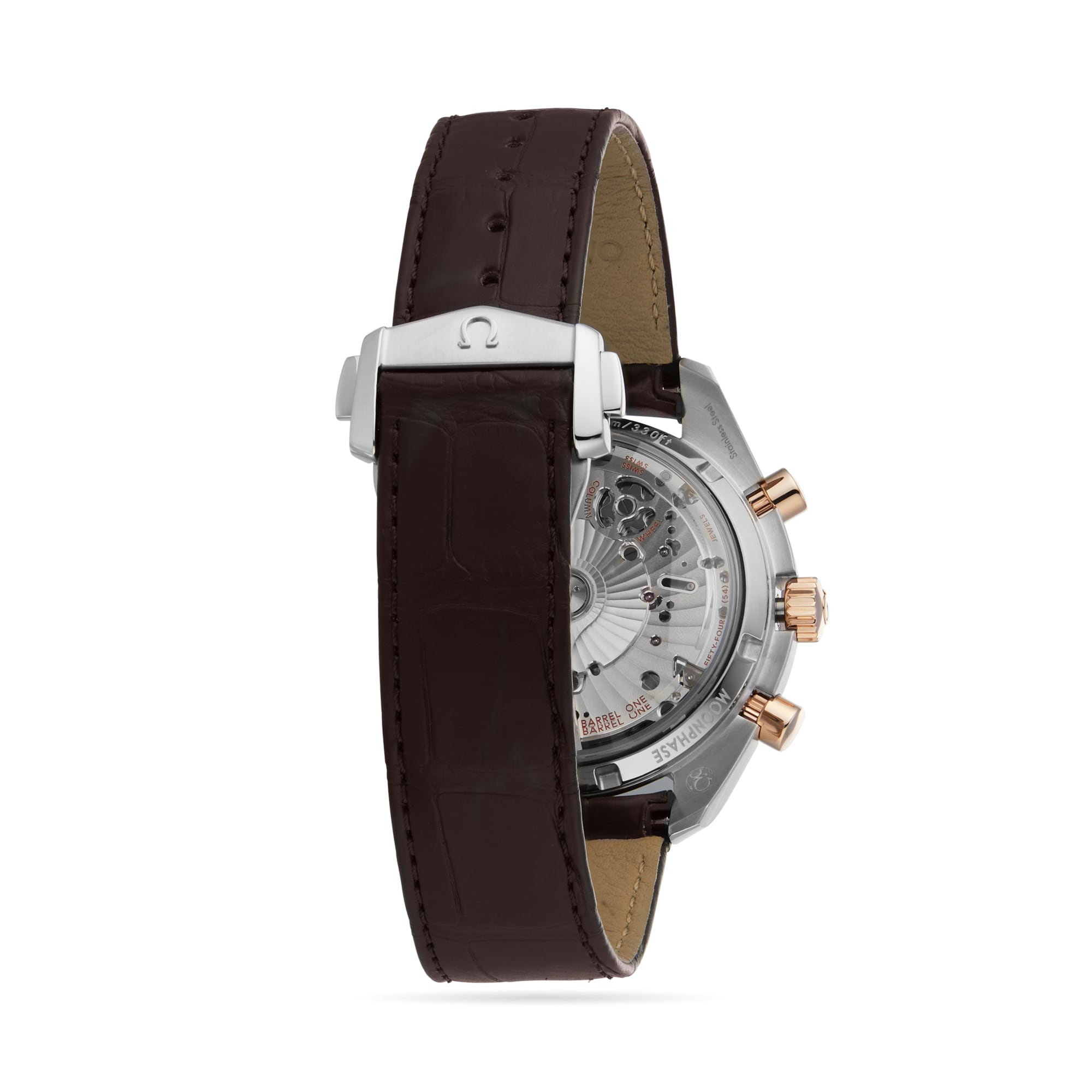 Back view of the OMEGA Speedmaster Moonwatch Co-Axial Chronograph with a transparent case back, brown leather strap, rose gold pushers, and a 42.5mm stainless steel and 18K Sedna™ gold case.