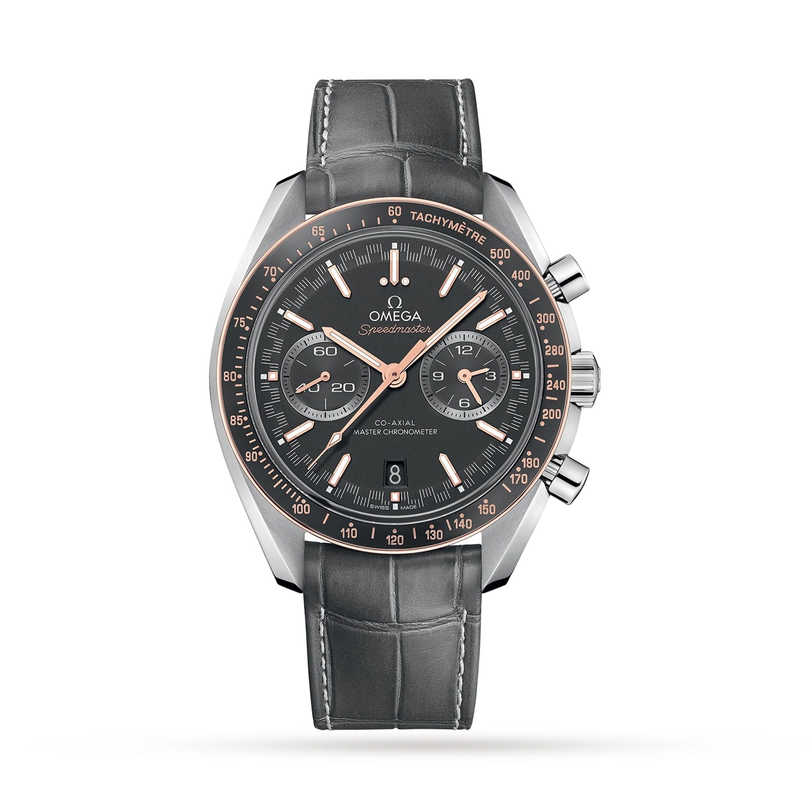 OMEGA Speedmaster Racing watch featuring a black dial, gold accents, chronograph function, and a black leather strap displayed on a white background.