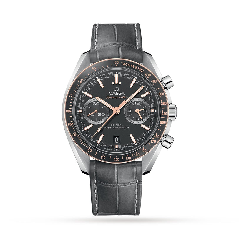 OMEGA Speedmaster Racing watch featuring a black dial, gold accents, chronograph function, and a black leather strap displayed on a white background.