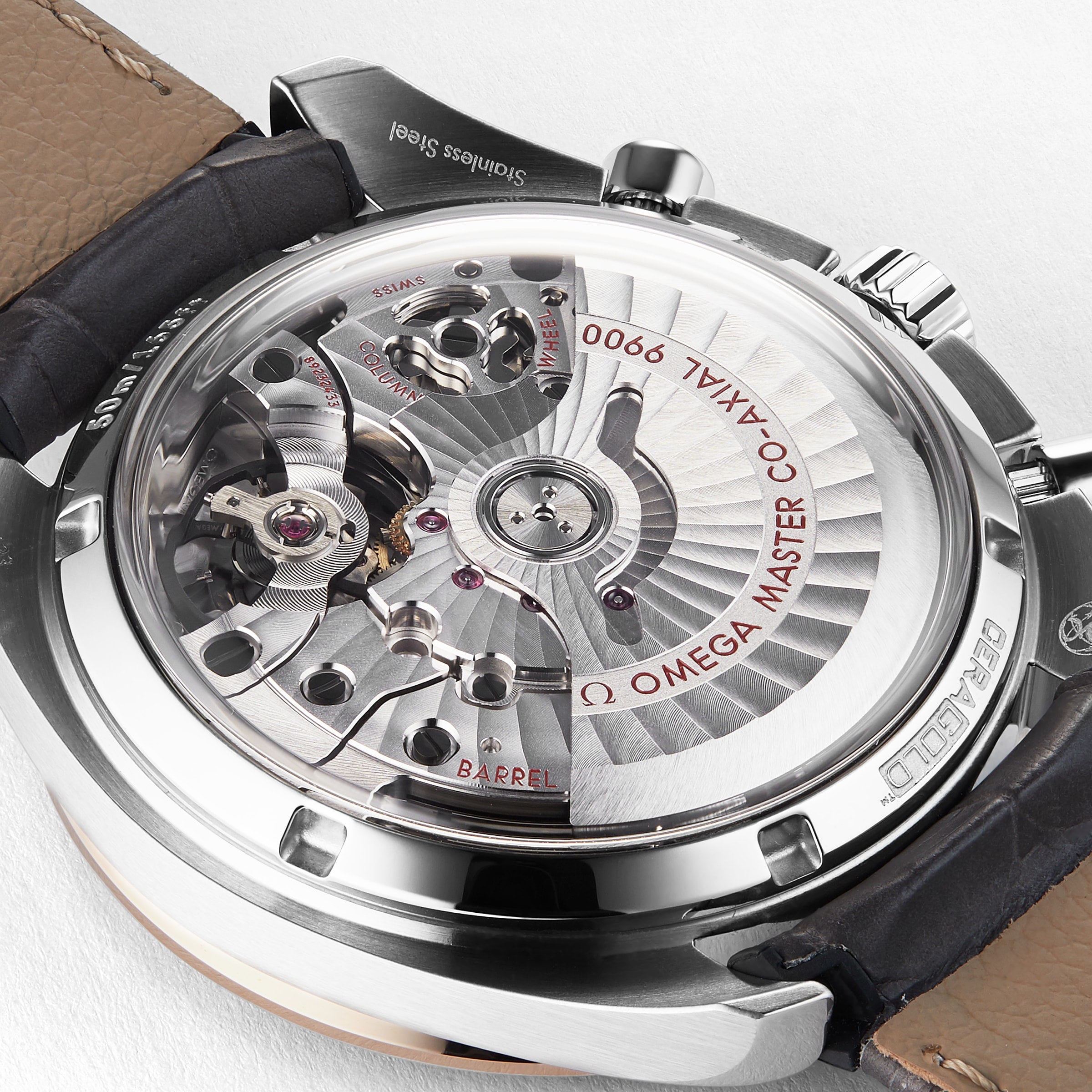 Close-up of the back of an OMEGA Speedmaster Racing watch, highlighting its detailed mechanical movement and engraved features.