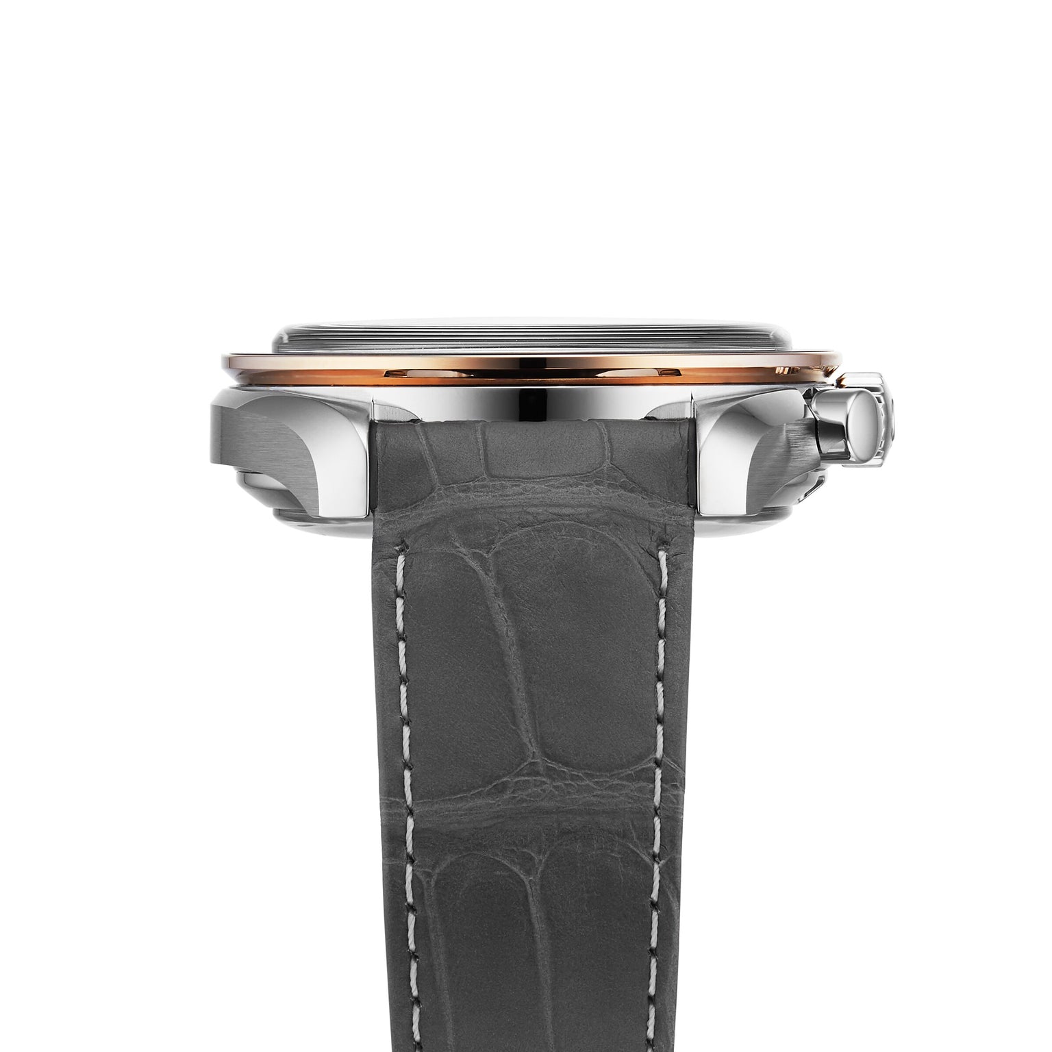 Side view of the OMEGA Speedmaster Racing watch featuring a gray leather strap, silver case, and visible crown and bezel.