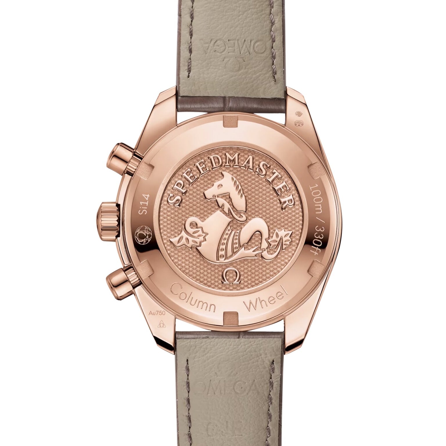 Back view of the OMEGA Speedmaster 38 watch, showcasing its engraved seahorse emblem and specifications on the 18K Sedna™ gold case back, paired with a light leather strap.