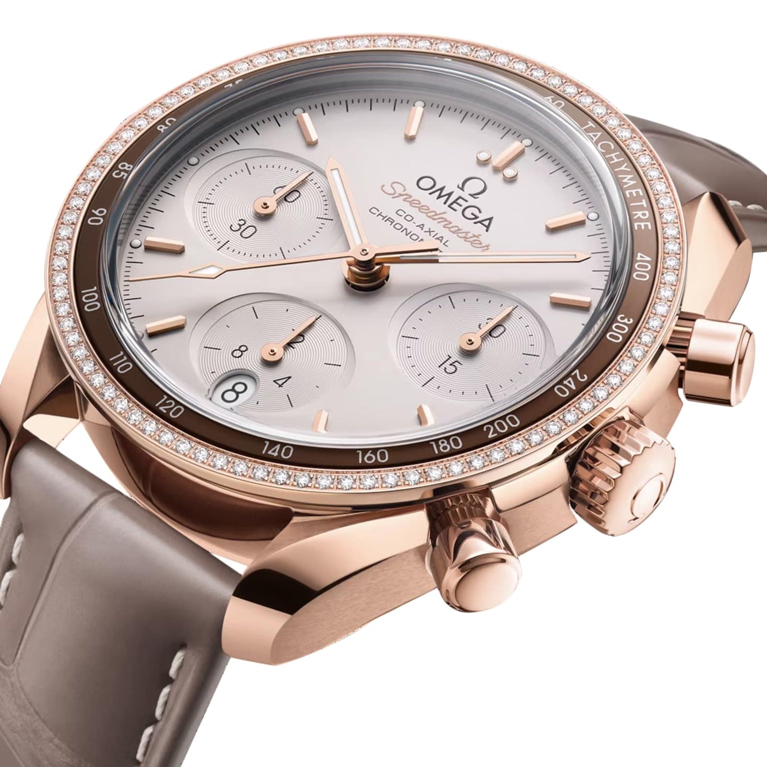 The OMEGA Speedmaster 38 is an 18K Sedna™ gold chronograph with a rose gold case, tachymeter bezel, diamond accents, Co-Axial Calibre 3330 movement, and a grey leather strap.