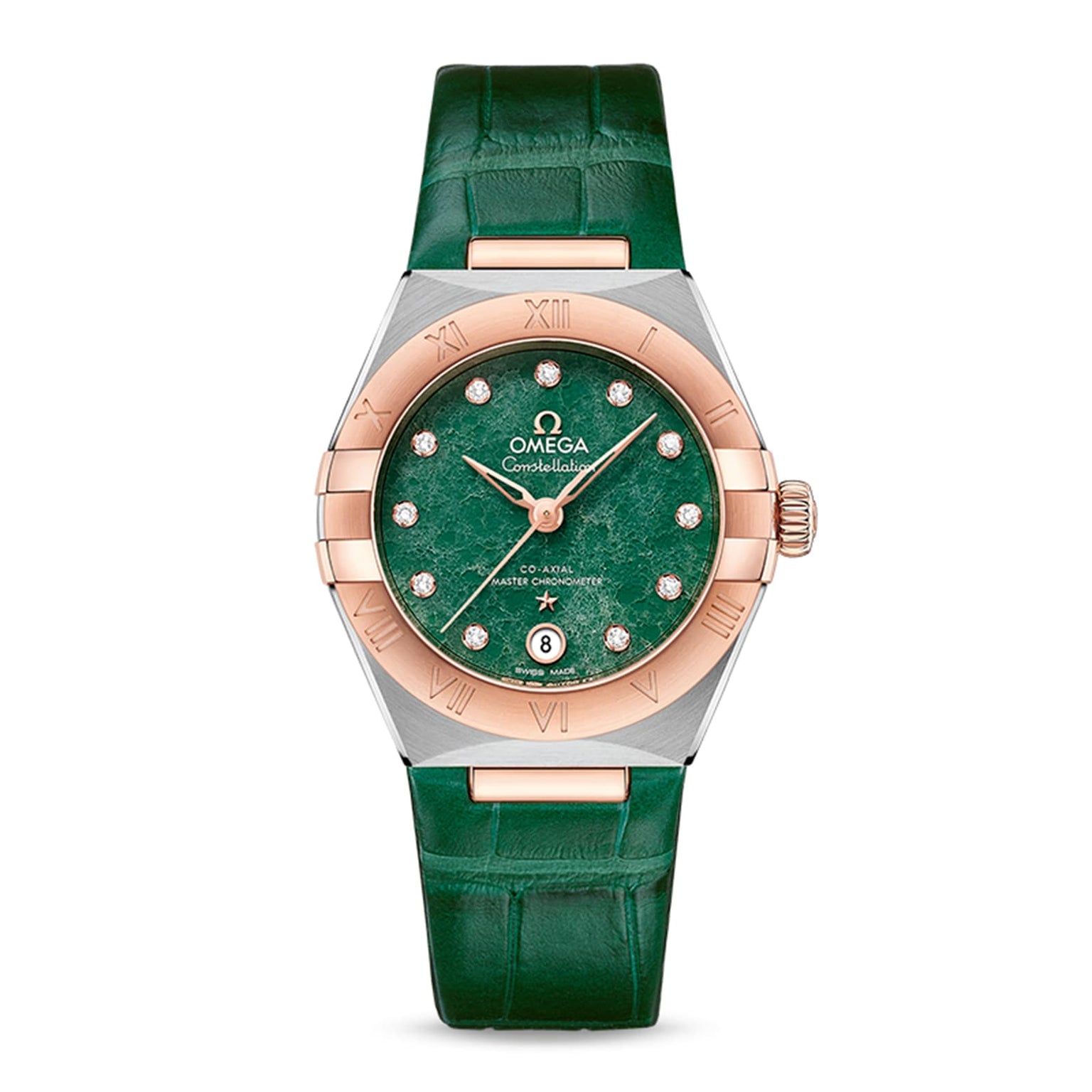 The OMEGA Constellation features a green textured dial with diamond hour markers, date display, and an 18K Sedna™ gold rose bezel, complemented by a green leather strap and proudly displaying the OMEGA logo on the dial.