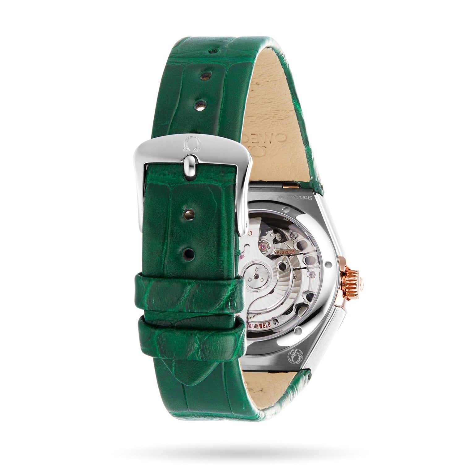 The OMEGA Constellation luxury wristwatch features a green leather strap, silver case, and showcases its mechanical movement through a transparent caseback, reflecting the iconic Constellation design.