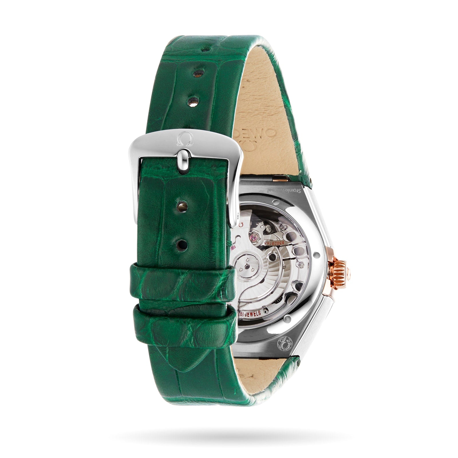 The OMEGA Constellation luxury wristwatch features a green leather strap, silver case, and showcases its mechanical movement through a transparent caseback, reflecting the iconic Constellation design.