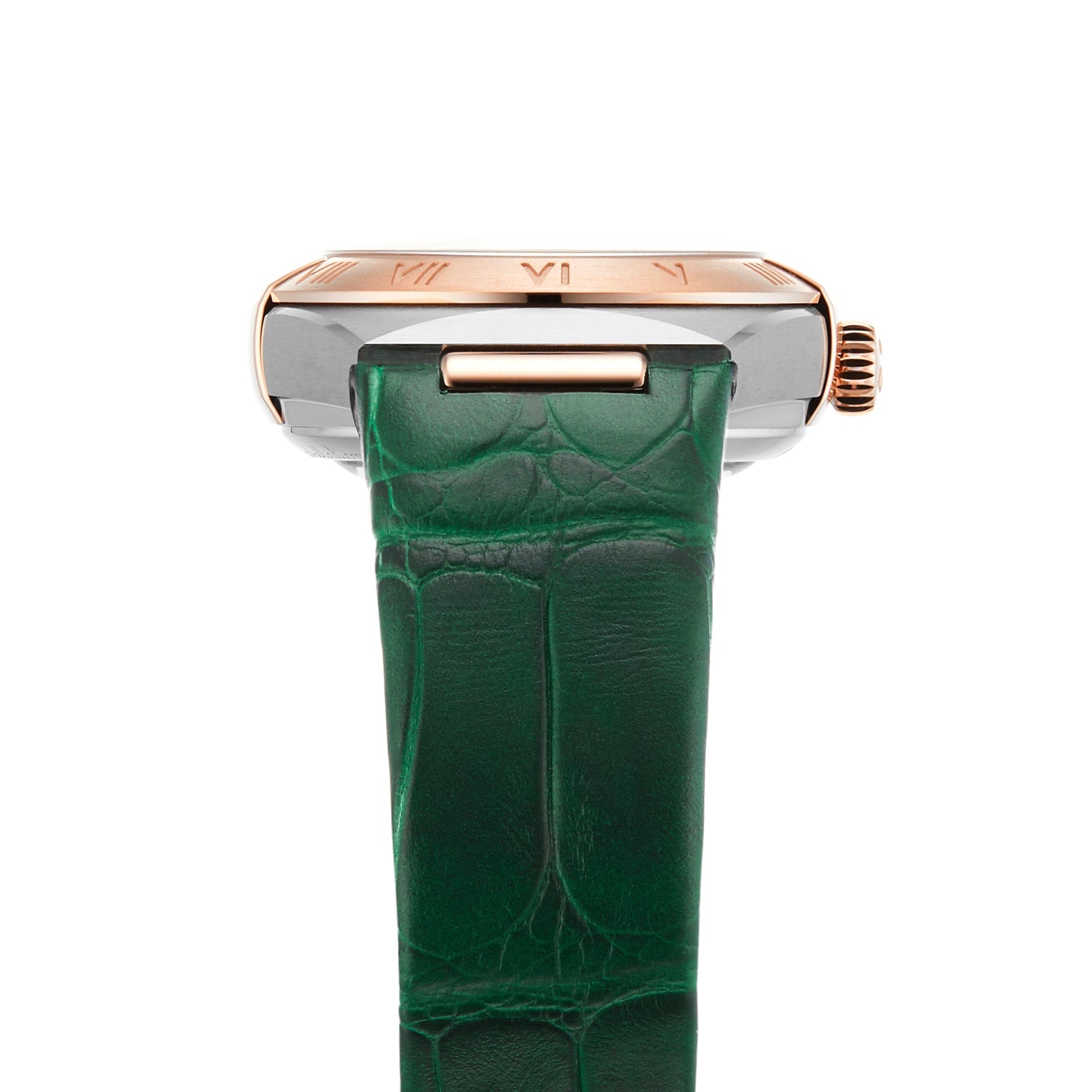 Side view of the OMEGA Constellation wristwatch featuring a green leather strap, 18K Sedna™ gold bezel with Roman numerals, and a visible crown on the right.