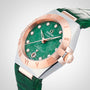 The OMEGA Constellation features a green Aventurine dial with diamond hour markers, an 18K Sedna™ gold bezel, and a matching green leather strap, showcased against a plain background.