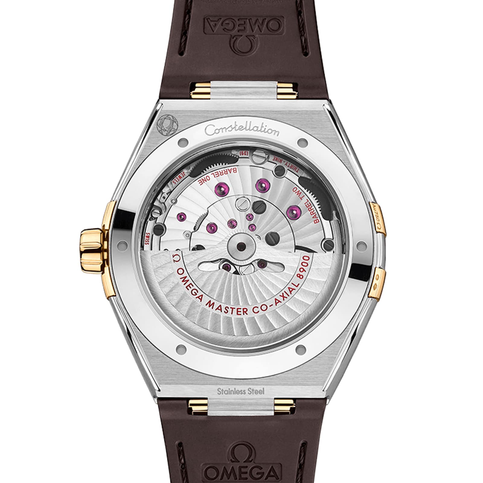Close-up of the OMEGA Constellation watch, highlighting its 8900 calibre movement and master chronometer certification, housed in stainless steel and gold with a brown leather strap—a tribute to the Constellation heritage.