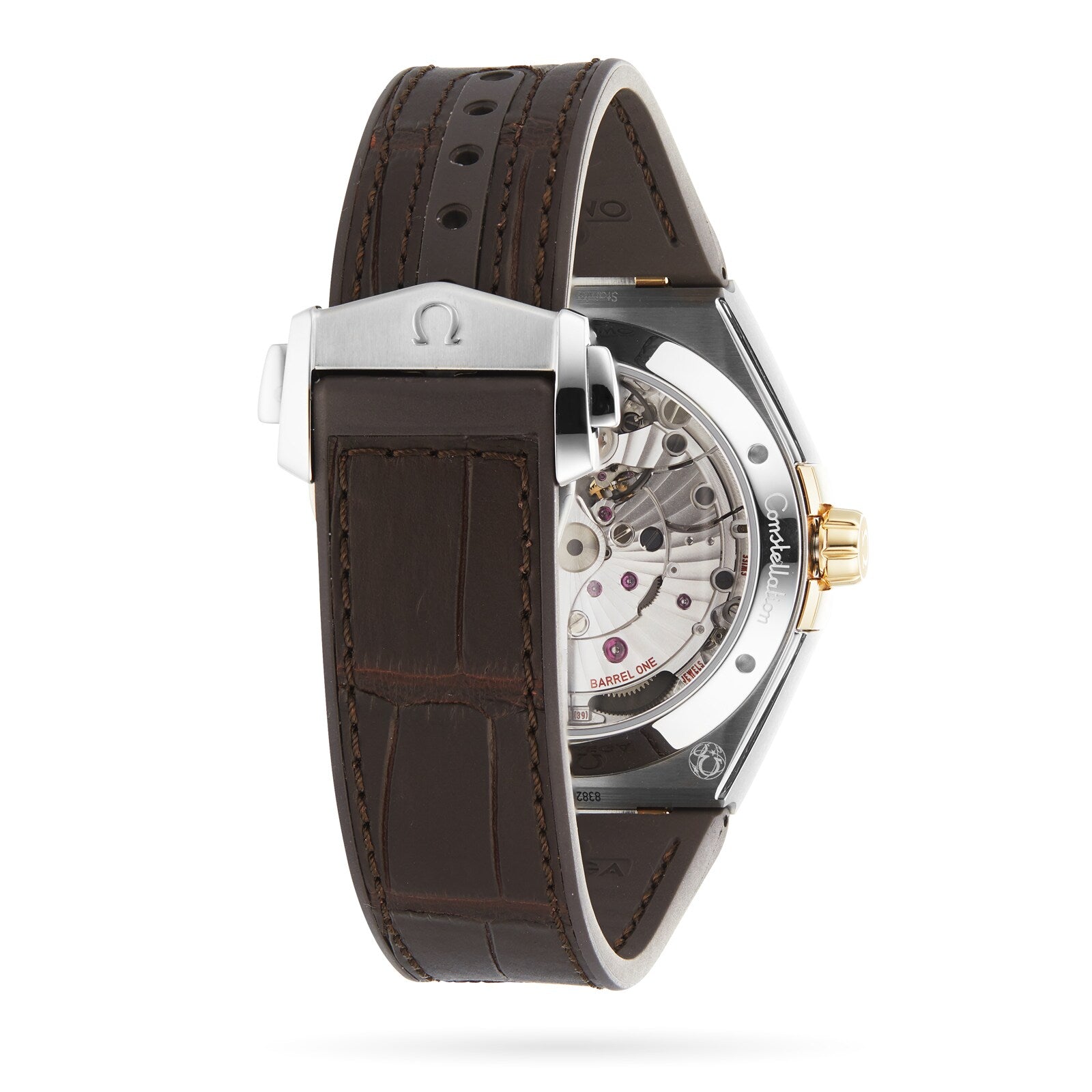 Back view of the OMEGA Constellation wristwatch with a brown leather strap, featuring a transparent case back that reveals the master chronometer certified 8900 calibre movement.