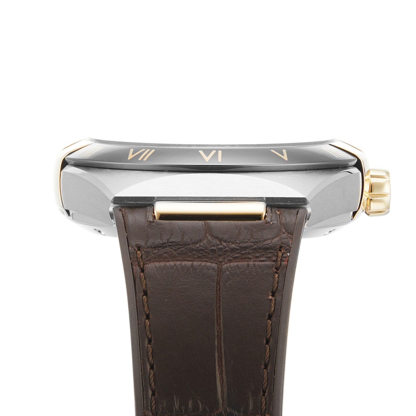 Side view of the OMEGA Constellation wristwatch with a brown leather strap, Roman numerals on the dial, and featuring the precise 8900 calibre movement.