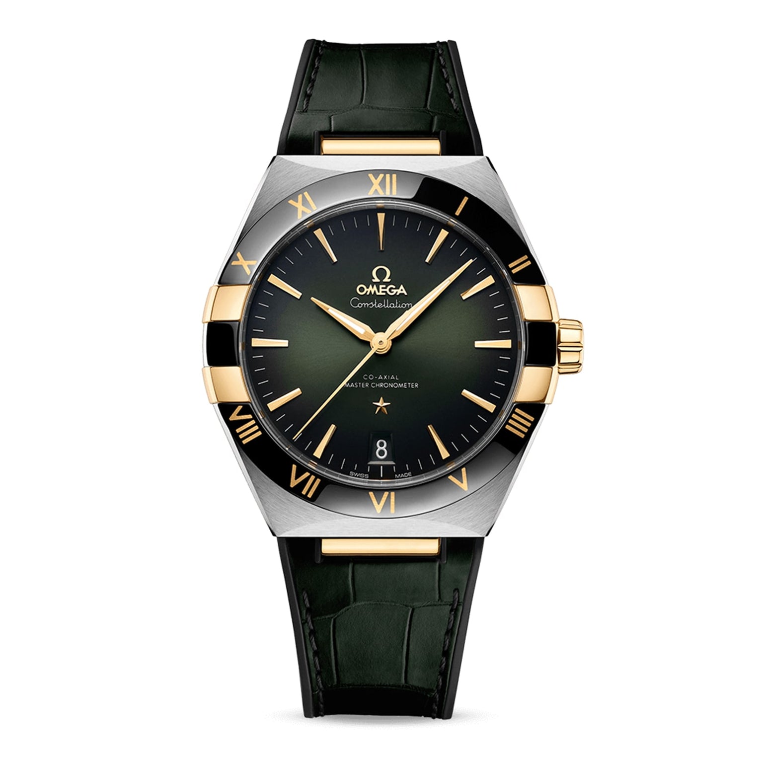 The OMEGA Constellation features a green dial, gold accents, and a black bezel with gold Roman numerals. Powered by the 8900 calibre movement, its Master Chronometer certified for outstanding precision.