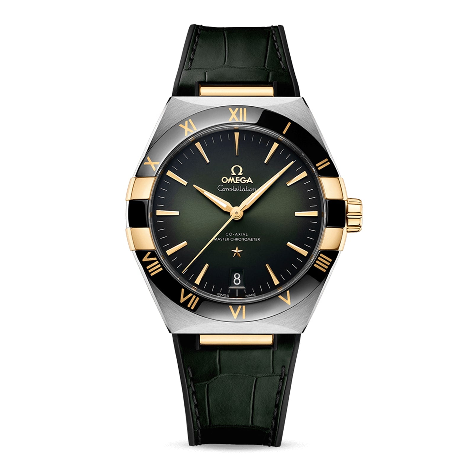 The OMEGA Constellation features a green dial, gold accents, and a black bezel with gold Roman numerals. Powered by the 8900 calibre movement, its Master Chronometer certified for outstanding precision.