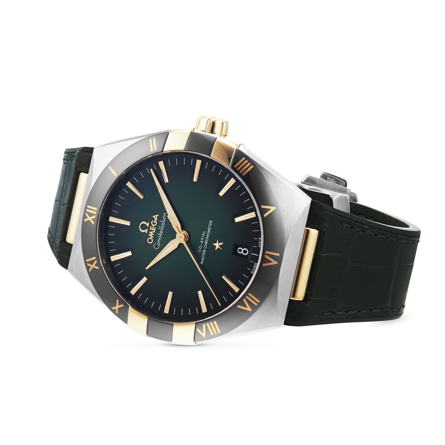 The OMEGA Constellation luxury wristwatch features a green dial, gold Roman numerals, a black bezel, date display, green leather strap, and the Master Chronometer certified 8900 calibre movement.