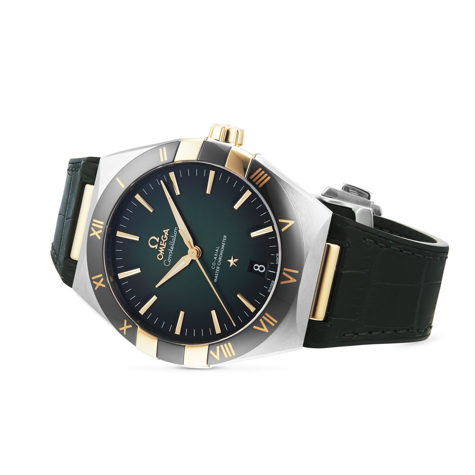 The OMEGA Constellation luxury wristwatch features a green dial, gold Roman numerals, a black bezel, date display, green leather strap, and the Master Chronometer certified 8900 calibre movement.