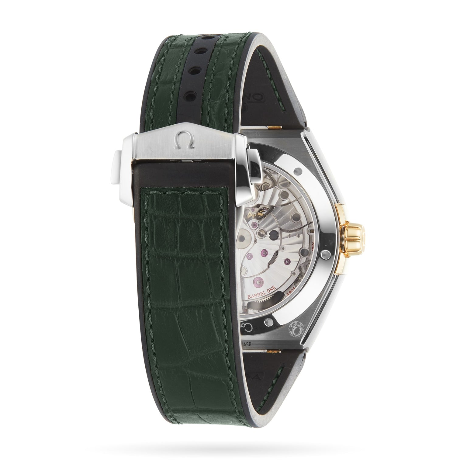 Back view of the OMEGA Constellation watch reveals its Calibre 8900 movement through the caseback, paired with a green leather strap and metal clasp, and master chronometer certified for precision.
