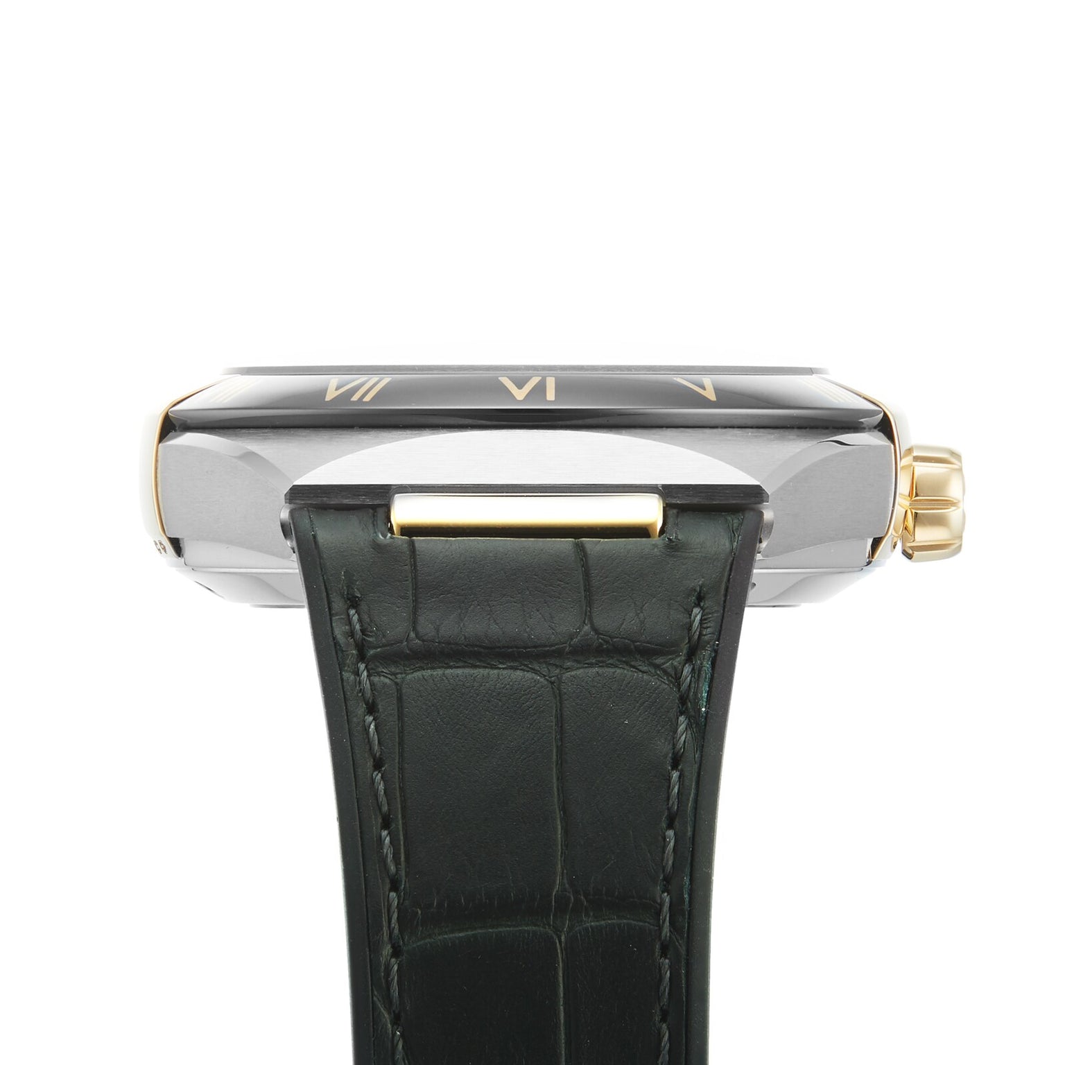 Side view of the OMEGA Constellation watch with a green leather strap, gold crown, and silver case featuring Roman numerals on the dial, equipped with a Master Chronometer certified 8900 calibre movement.