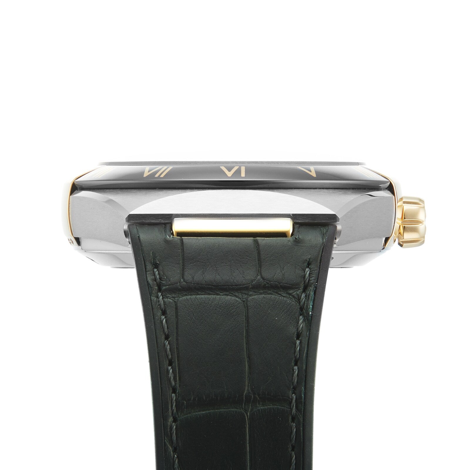 Side view of the OMEGA Constellation watch with a green leather strap, gold crown, and silver case featuring Roman numerals on the dial, equipped with a Master Chronometer certified 8900 calibre movement.